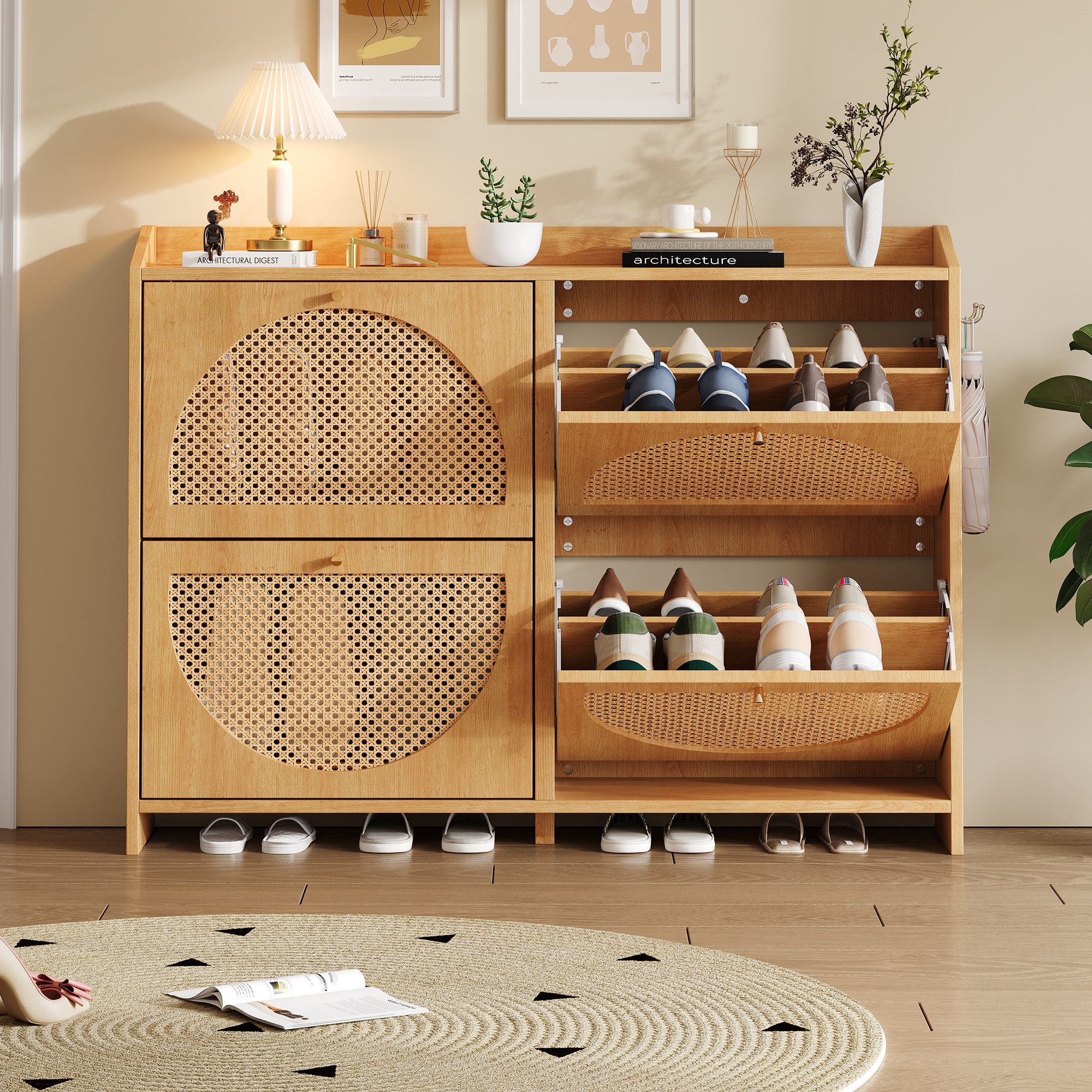 BlingBin Schuhschrank 120x24x90cm Schuhregal mit 8 Fächern, Schuhkipper im Eingangsbereich (1er Set, 1-St., Tragfähigkeit: 30kg, MDF, Schranktüren aus Korbgeflecht) Aufbewahrungsschrank mit 2 Haken für Flur, Naturholzfarbe