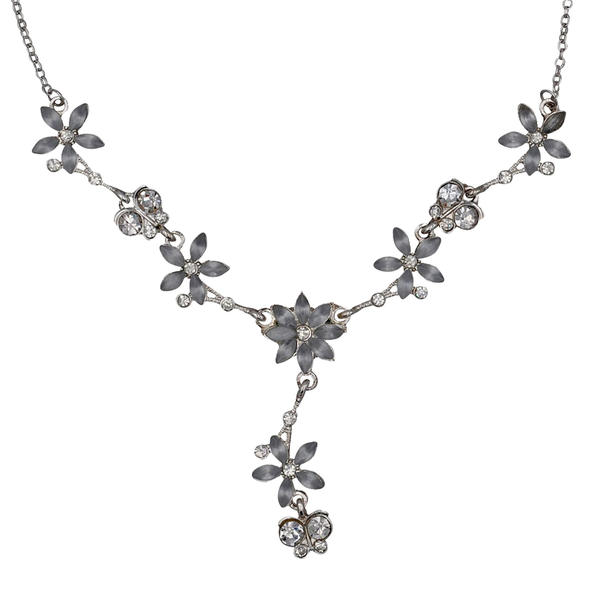 Steuer Collierkettchen Metall Y-Collier silberf. Mit Blumen und Schmetterlingen