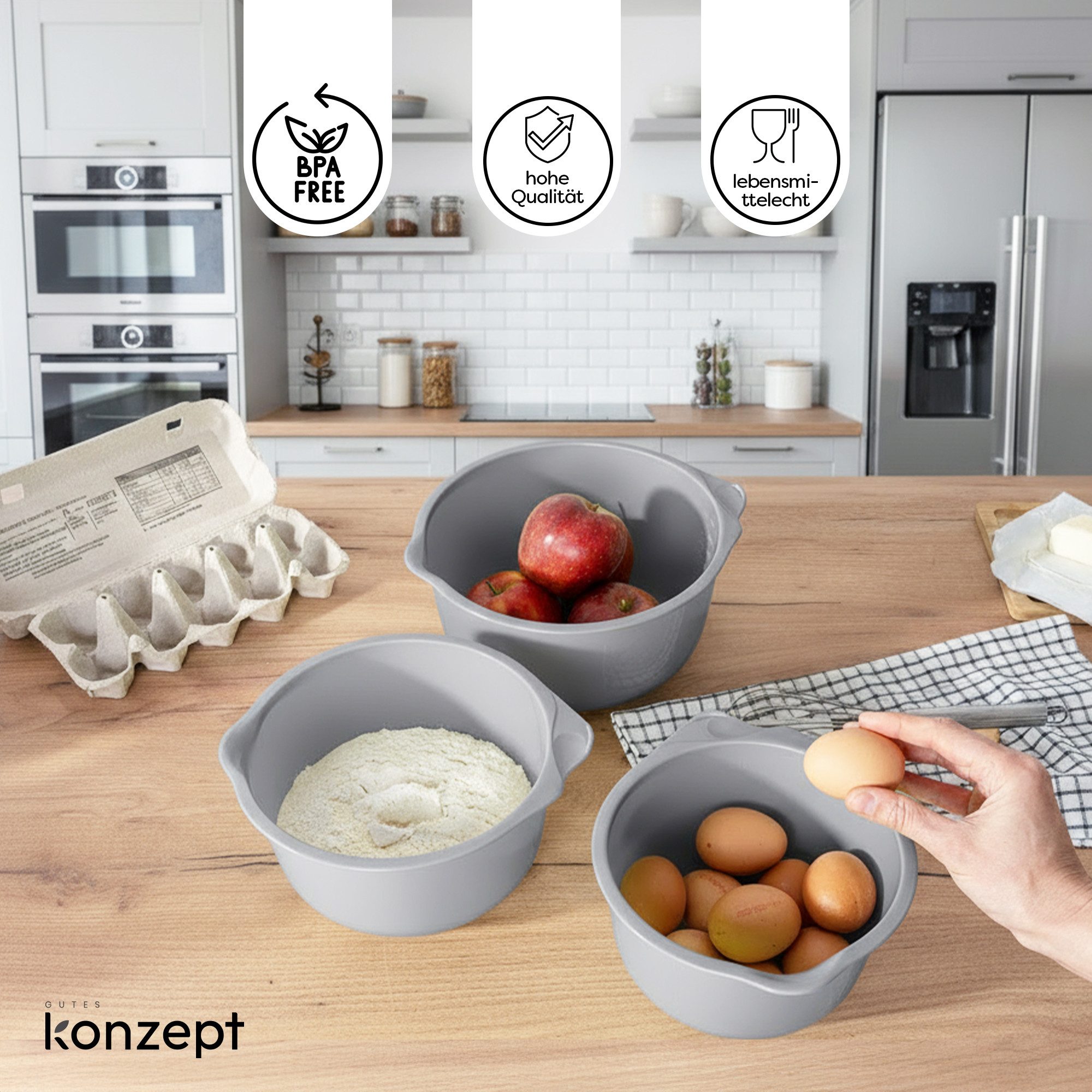 KONZEPT Rührschüssel Set 3-teilig aus Kunststoff – mit Ausgießer, anti-Rutsch-Boden, spülmaschinengeeignet,platzsparende Aufbewahrung