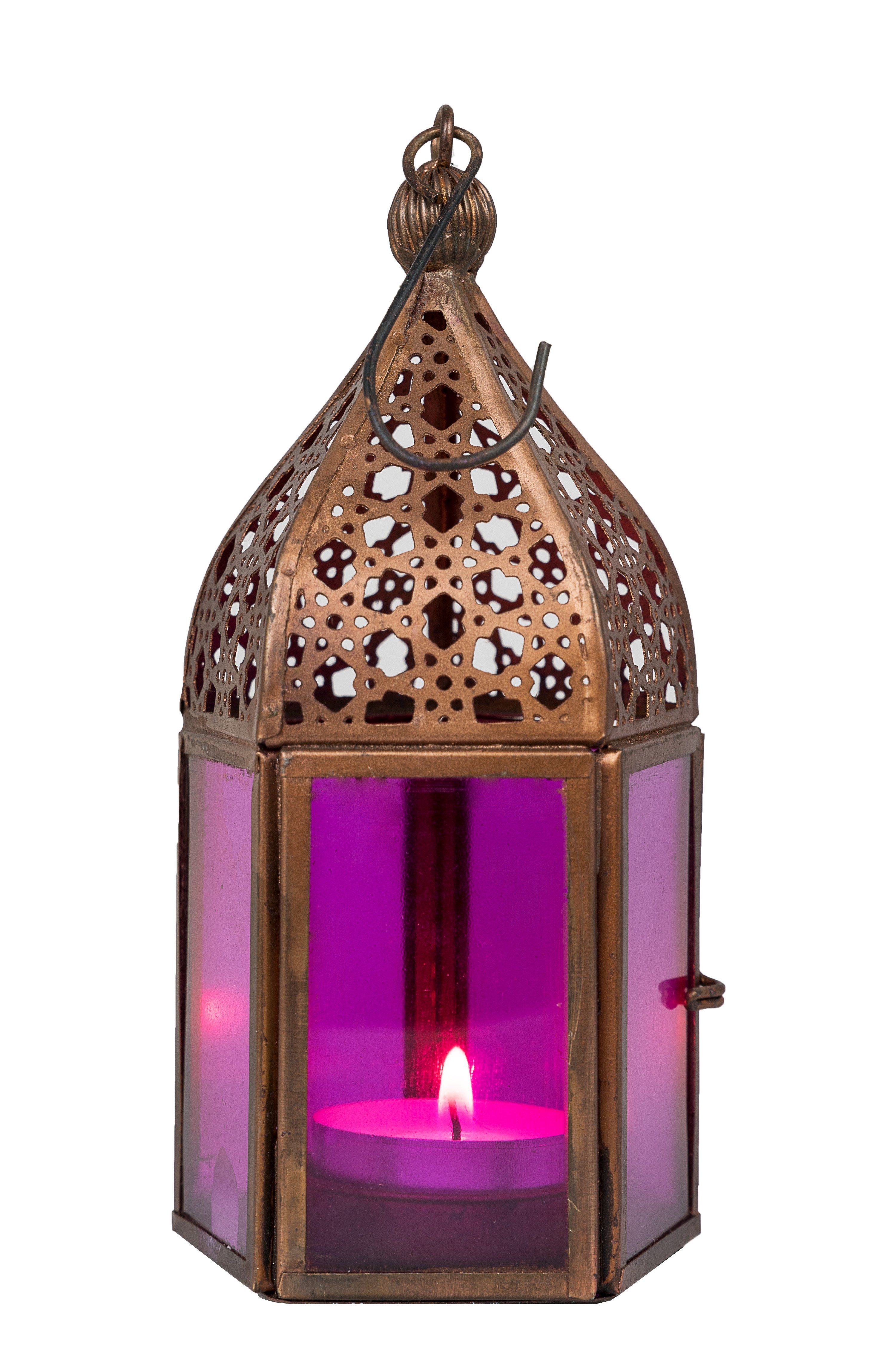 Marrakesch Orient & Mediterran Interior Teelichthalter Orientalische Laterne Meena modern aus Metall und Glas in Pink 16 cm (1 St), Handarbeit