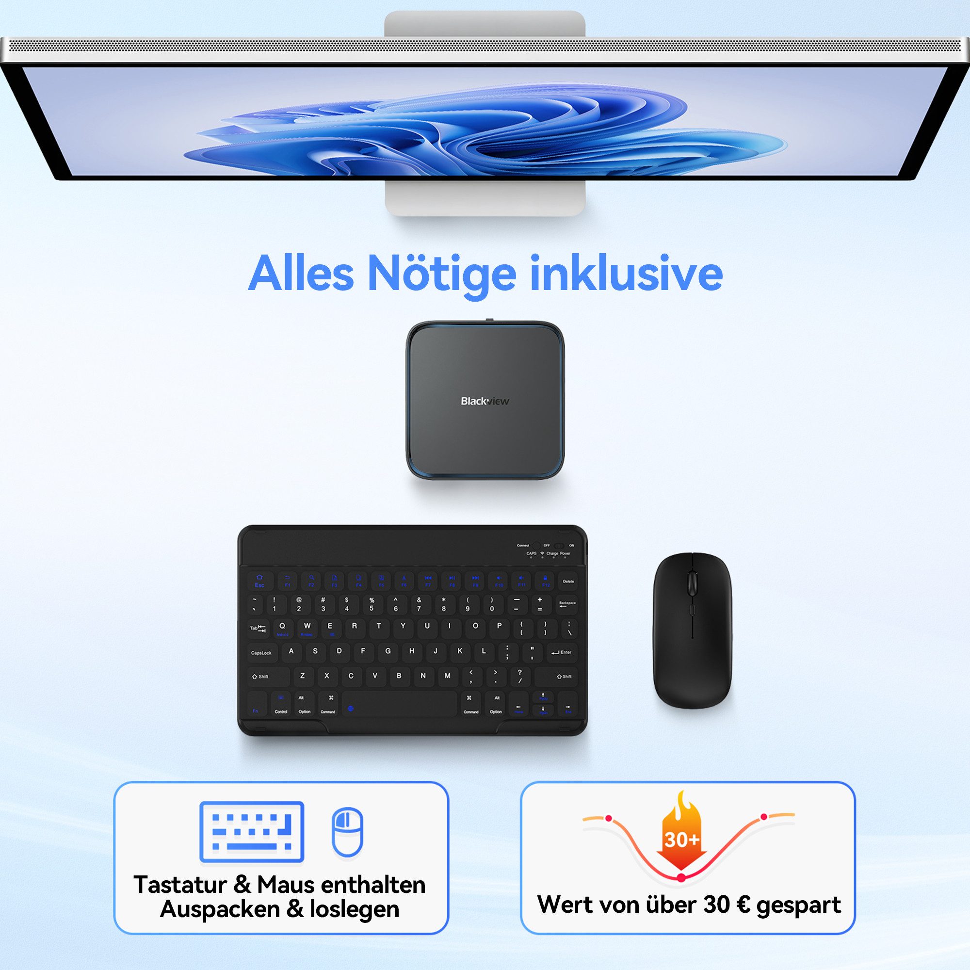 blackview MP50 mit Tastatur und Maus, AMD Ryzen 5, 16GB +512GB Win 11 Pro Mini-PC (AMD AMD Ryzen 5 3500U, AMD Ryzen 5 3500U, 16 GB RAM, 512 GB SSD, 4K UHD, DP+HDMI, WiFi 5 gaming PC, Ultra-leiser Kompakter Desktop PC)