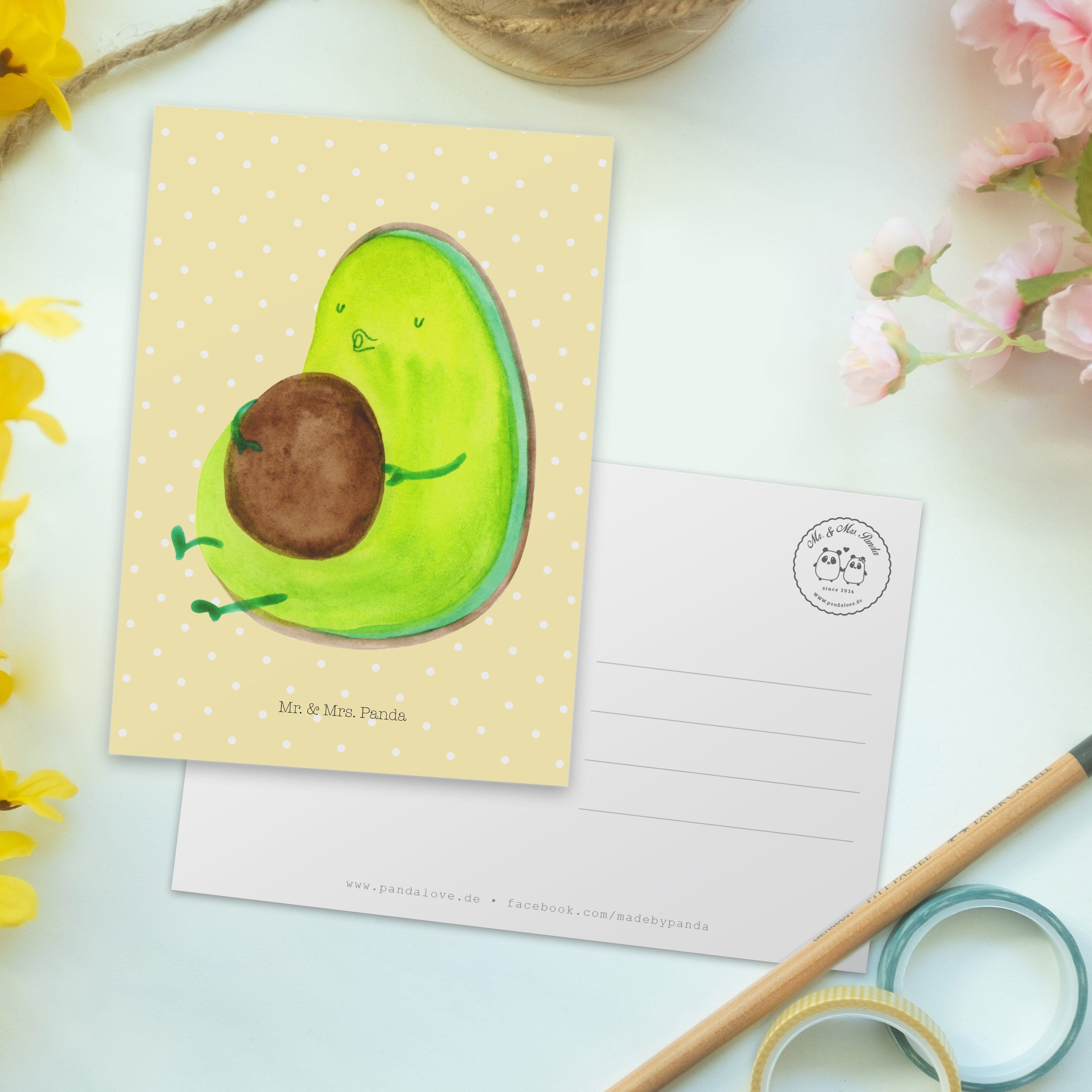 pfeift Panda Geschenkkarte, Pastell Postkarte Gelb - Mr. Avocado Geschenk, & Mrs. Geburtstagsk -