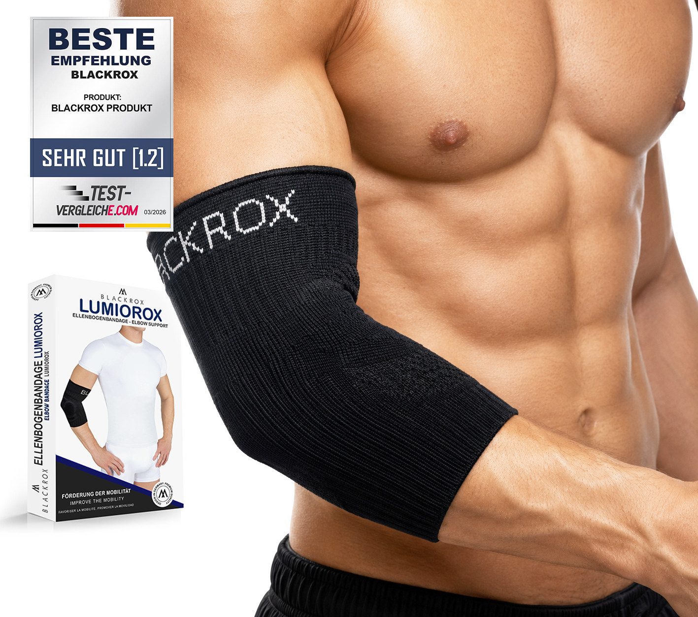 BLACKROX Ellenbogenbandage [Vergleichssieger 2026] Gr. S-L, Damen & Herren, LUMIOROX, Schwarz