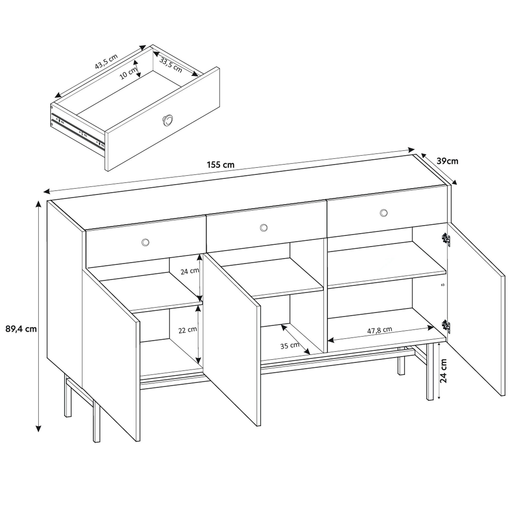 ALLHOUSE24 Kommode Dreitürige Kommode ART 155 CM Breite Metall Füße SIDEBOARD, Breite 155 cm