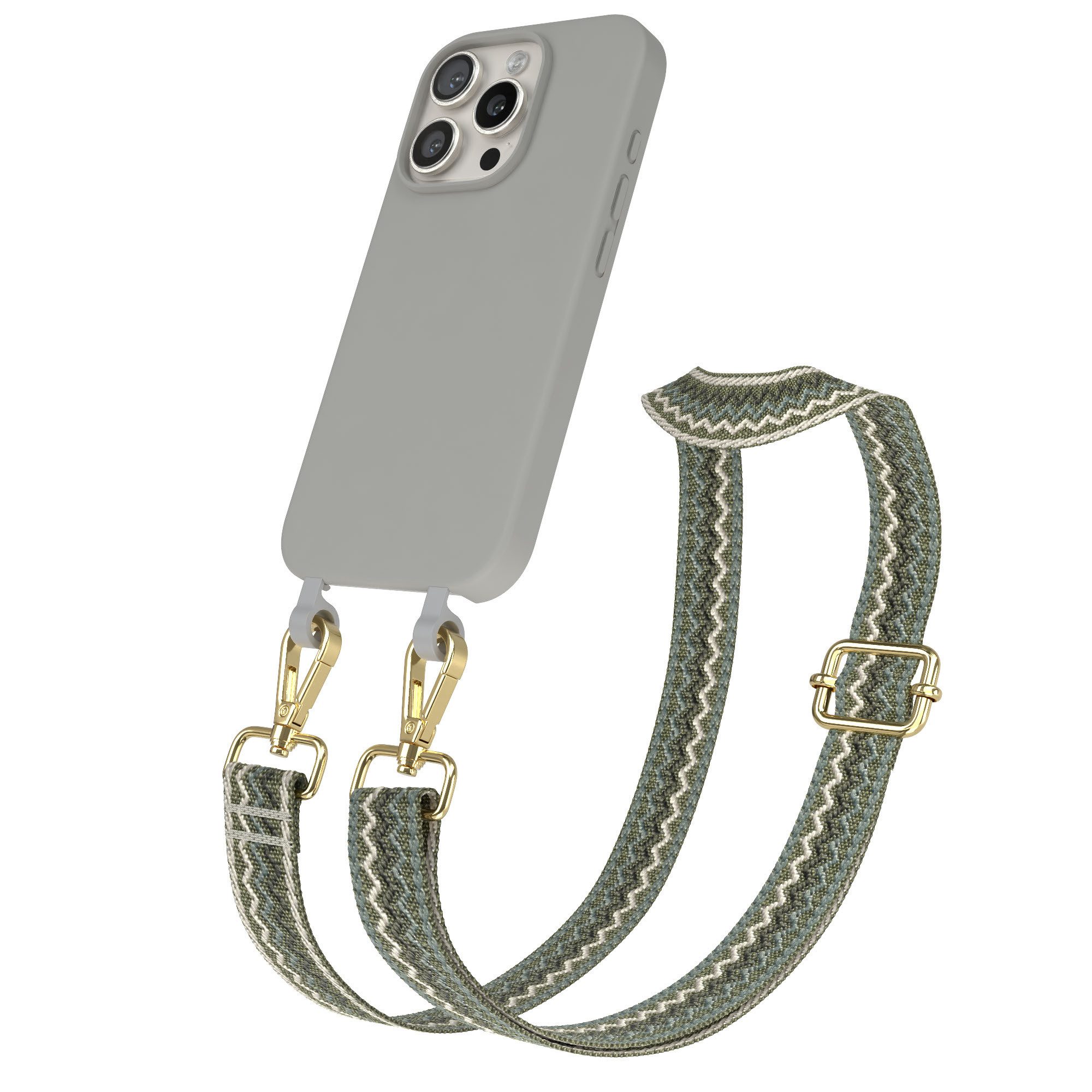 EAZY CASE Handykette 2in1 TPU Hülle mit Band für Apple iPhone 16 Pro 6,3 Zoll, Handykordel Smartphonekette Wave abnehmbar 2in1 Handyhülle Case Grün