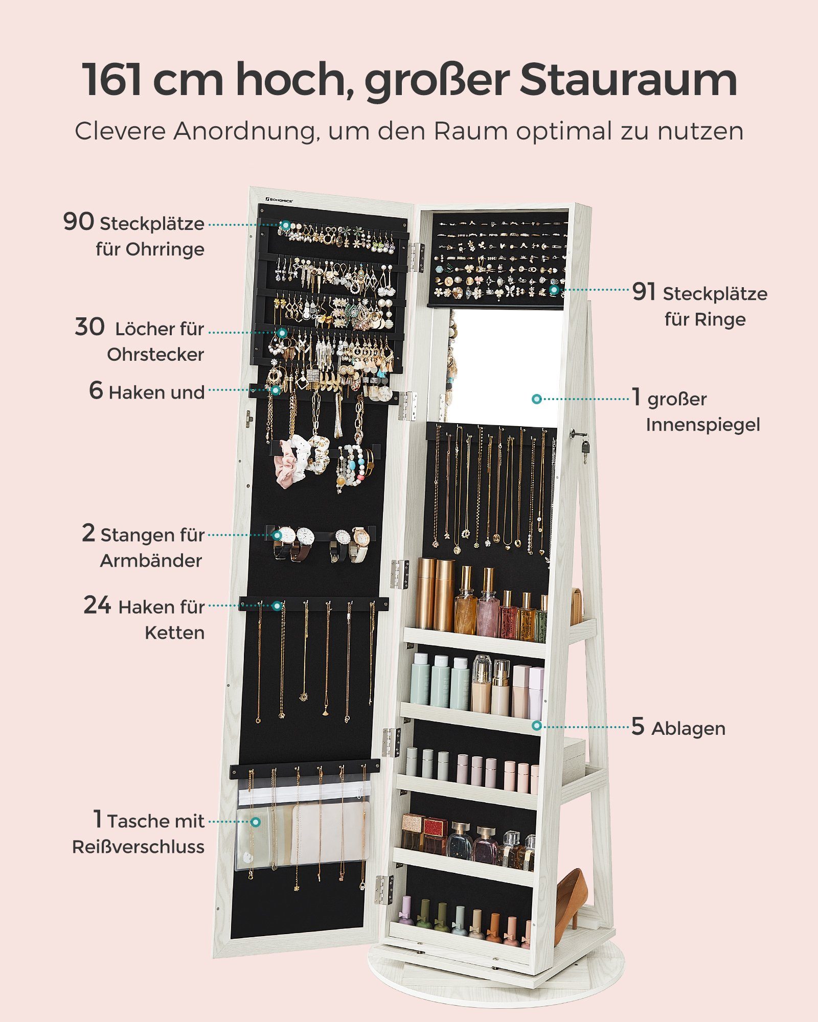 SONGMICS Schmuckschrank Spiegelschrank, mit Ganzkörperspiegel, um 360° drehbar, Geschenkidee Schmuckaufbewahrung, abschließbar, mit Schlüsseln, 54 x 54 x 161 cm – Bild 4 von 5