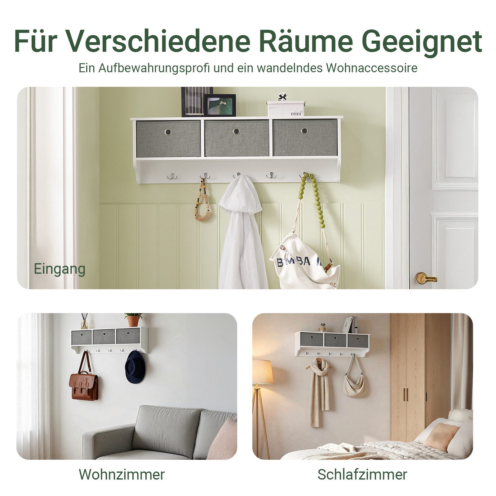 SoBuy Wandregal FRG282, Wandgarderobe mit Haken, Schweberegal Hängeregal mit 3 Körben, Garderobenleiste mit 3 Körben und 5 Haken, für Flur, Schlafzimmer
