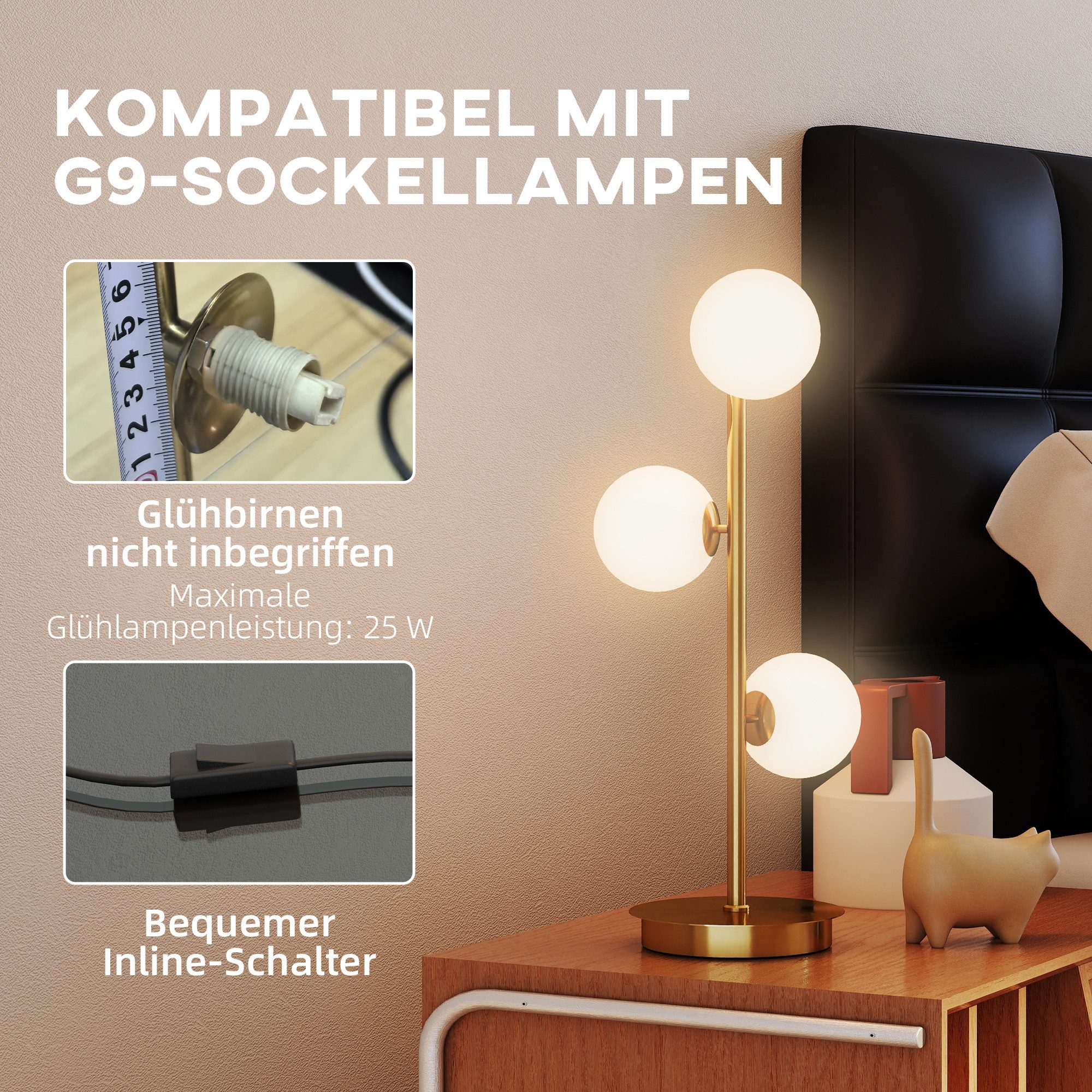 HOMCOM Tischleuchte Tischlampe mit 3 Kugelschirmen, Nachttischlampe, stabiler Stahlfuß, ohne Leuchtmittel, Leselampe für Schlafzimmer, Wohnzimmer, Messing – Bild 5 von 5