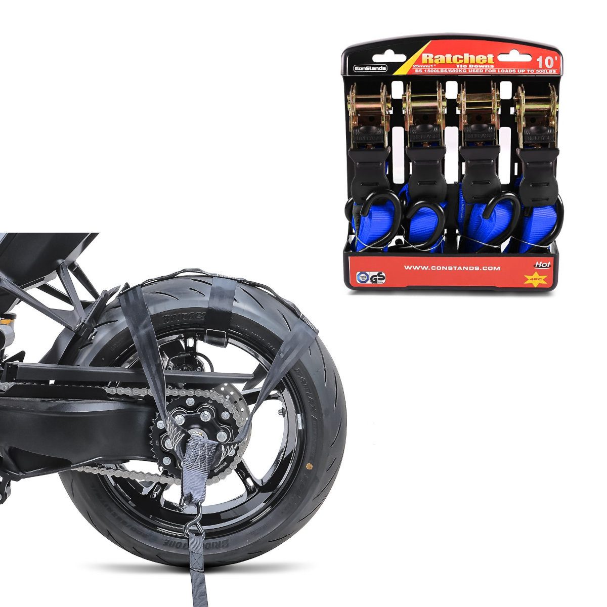 ConStands Motorradheber Set: Spanngurt mit Ratsche + Spanngurt Hinterrad Fixiergurt