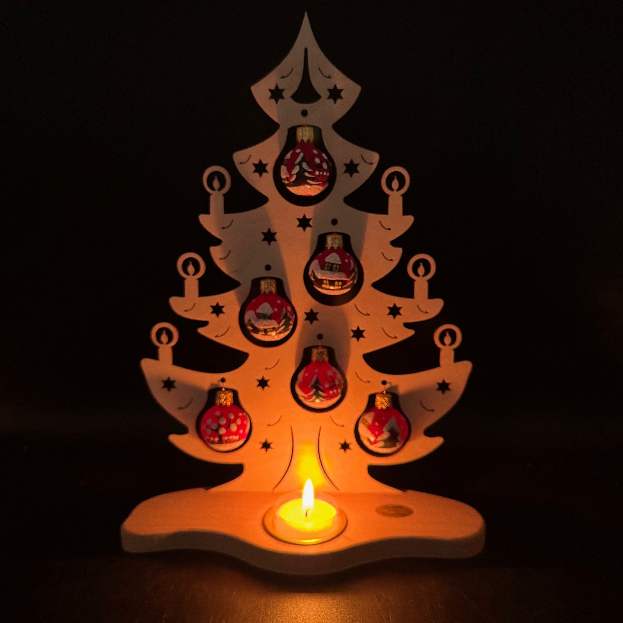 SAICO Original Teelichthalter Weihnachtsbaum, Lichterspitze mit handbemalten Glaskugeln, 30 cm groß (6 Weihnachtskugeln), Weihnachtsdeko aus dem Erzgebirge