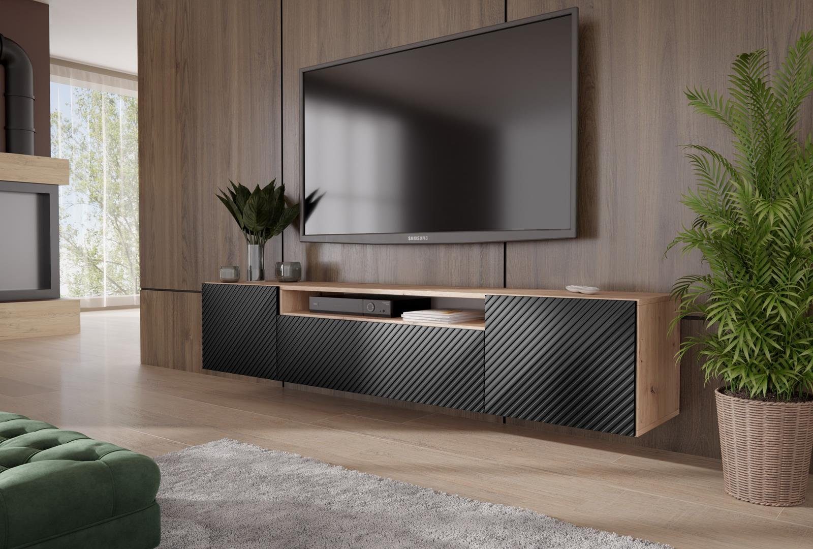 Beautysofa TV-Schrank Rio (Scharniertüren mit Push-To-Open Funktion,  gefräst Fronten) Breite 200 cm, dreitürig Lowboard mit wandmontage