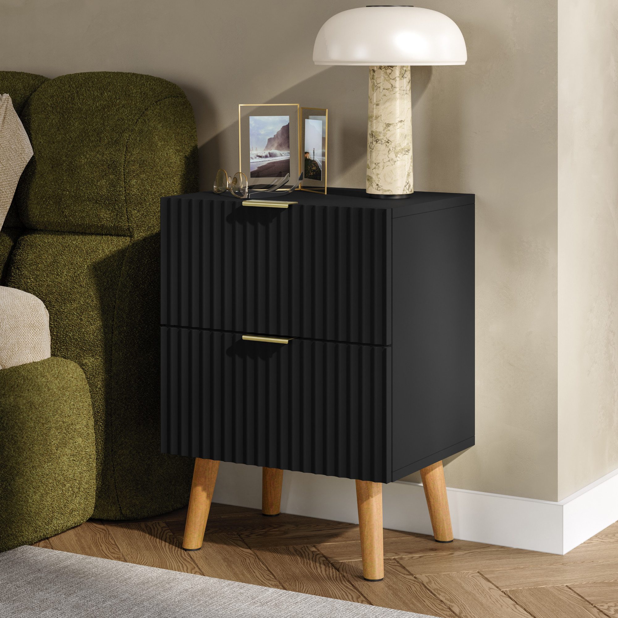 en.casa Nachttisch (1-St), »Nand« 2 Schubladen 55x40x30 cm Holzbeine Schwarz