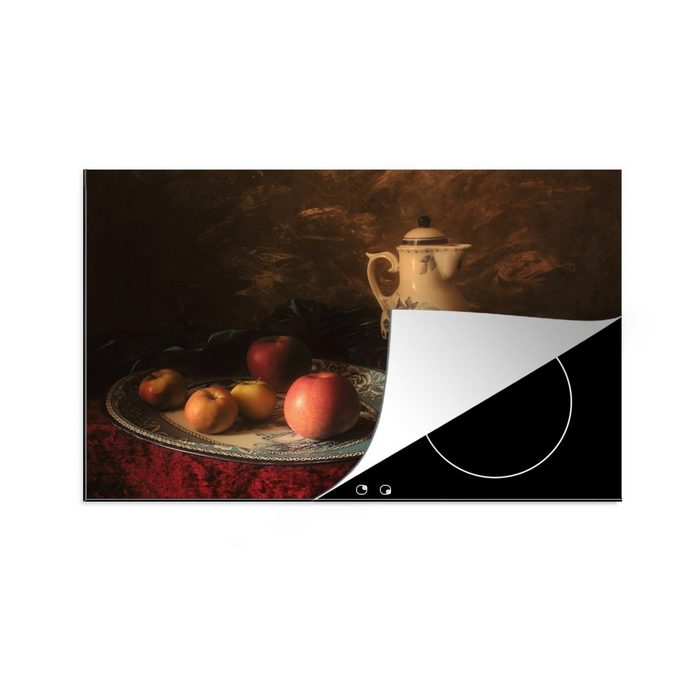 MuchoWow Herdblende-/Abdeckplatte Malerei - Stilleben - Teekanne - Äpfel Vinyl (1 tlg) induktionskochfeld Schutz für die küche Ceranfeldabdeckung