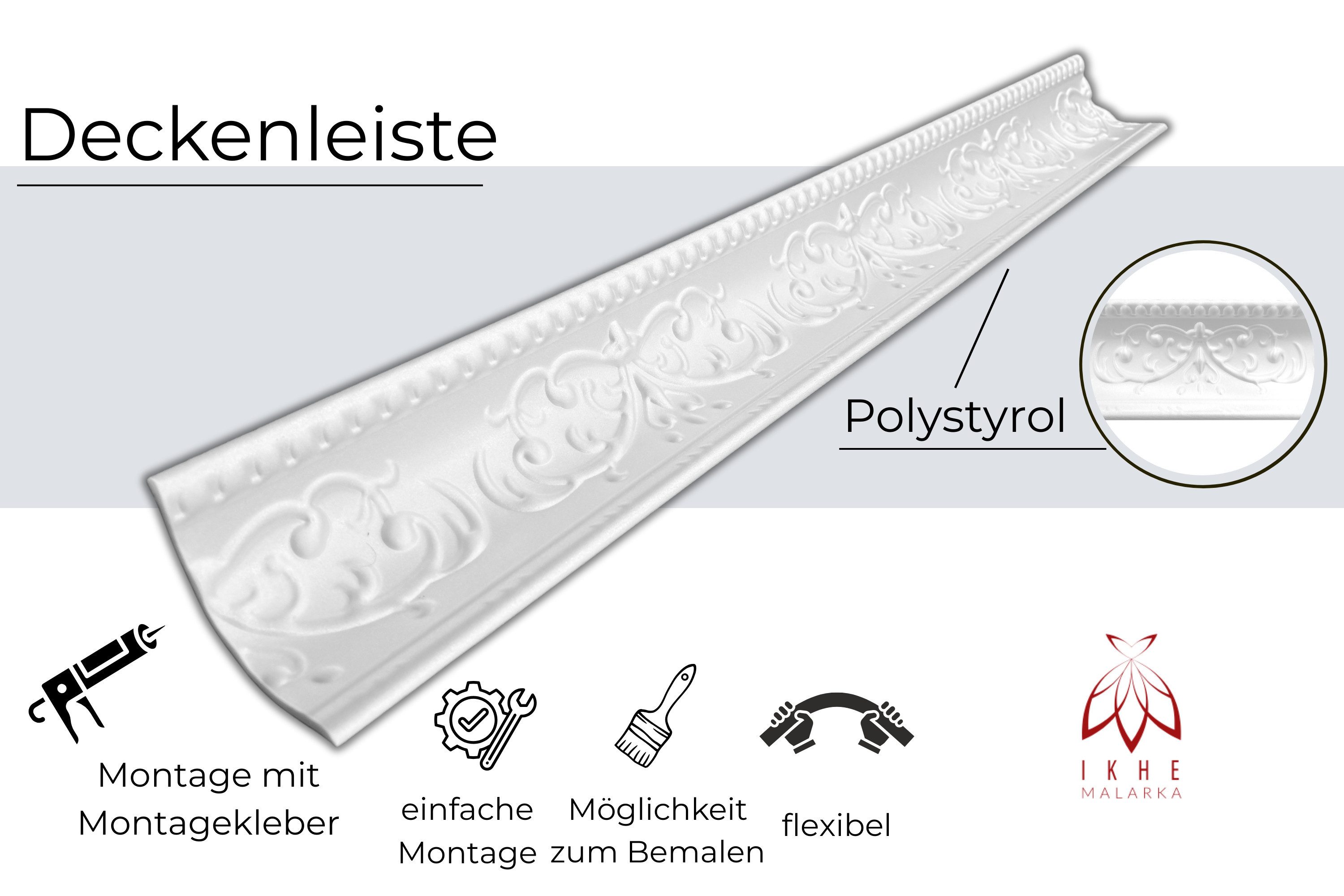 IKHEMalarka Deckenleiste Stuckleisten aus XPS Polystyrol – weiße Zierleisten 1 Meter, Kleben Montagekleber (z. B. Pattex DK Flex 1000), 1 Stück = 1 Meter Länge, – Bild 4 von 5