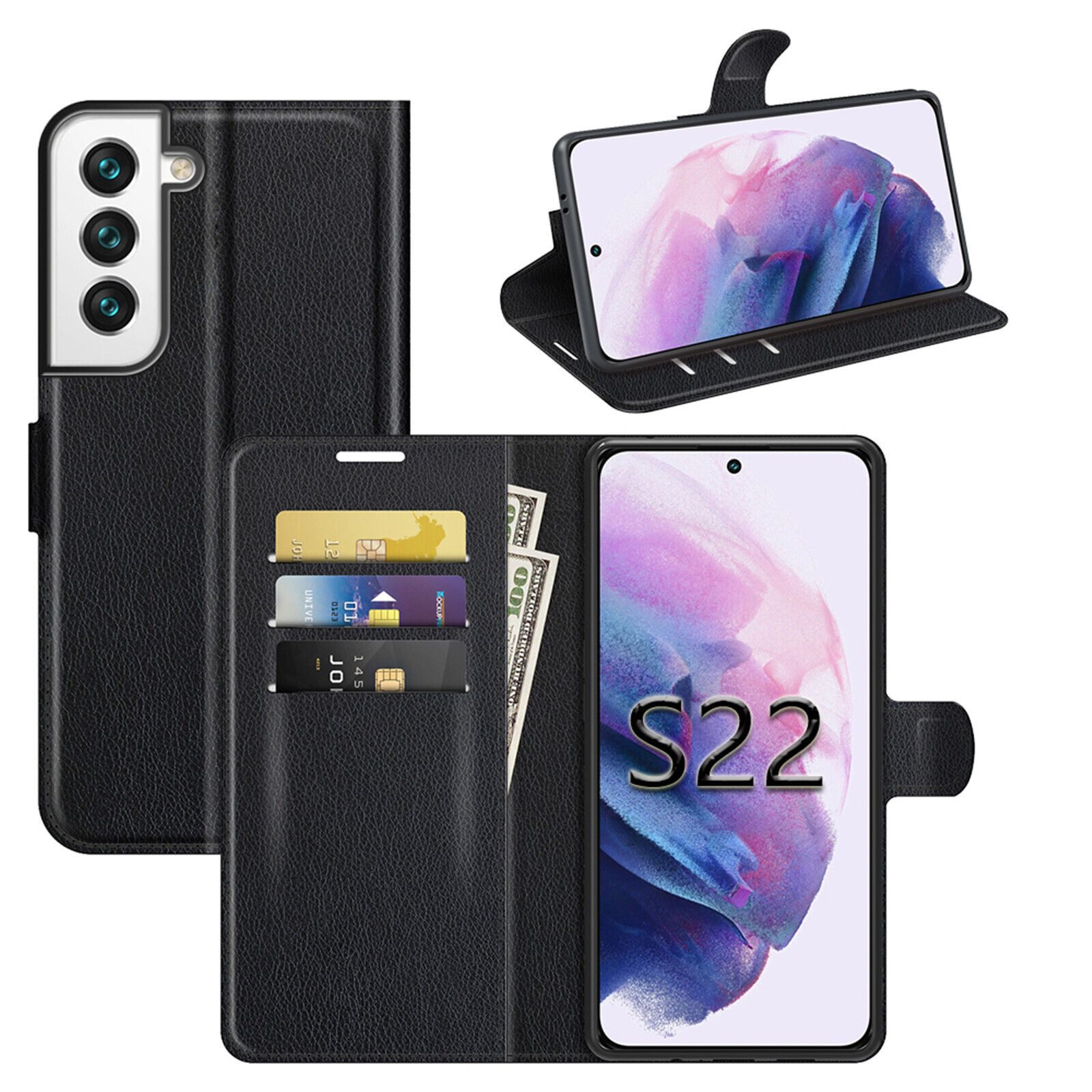 betterfon Handyhülle Handytasche für Samsung Galaxy S22 5G Klapphülle Schwarz, 3 Kartenfächer, Magnetverschluss & Standfunktion im Lederlook
