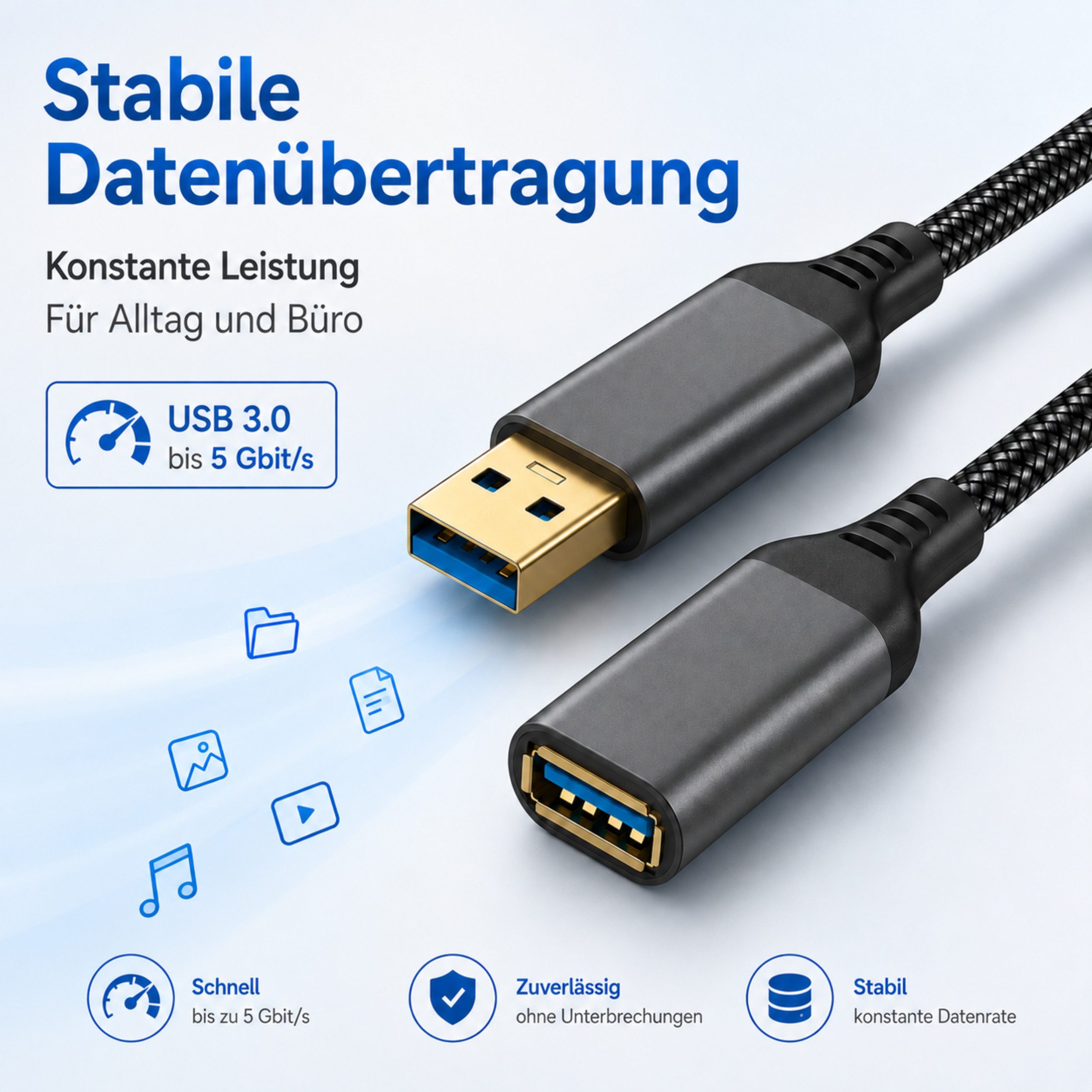 PlugUp USB 3.0 Verlängerungskabel 5 Gbit/s – USB-A Stecker zu USB-A Buchse USB-Kabel, USB Typ A, USB Typ A (100 cm), Bis zu 10 Gbit/s Datenübertragung – Plug &  – Bild 5 von 5