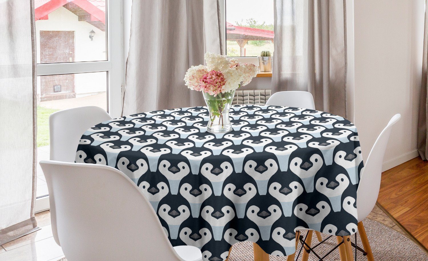 Abakuhaus Tischdecke Kreis Tischdecke Abdeckung für Esszimmer Küche Dekoration, Pinguin Baby-Vögel Gesicht Muster