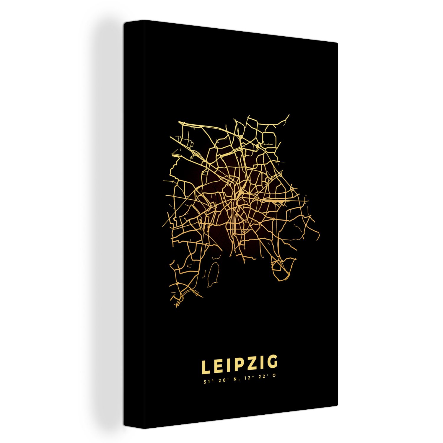 Zackenaufhänger, Leipzig - Gemälde, Stadtplan, fertig bespannt Gold OneMillionCanvasses® St), Leinwandbild Karte inkl. (1 Leinwandbild - cm - 20x30