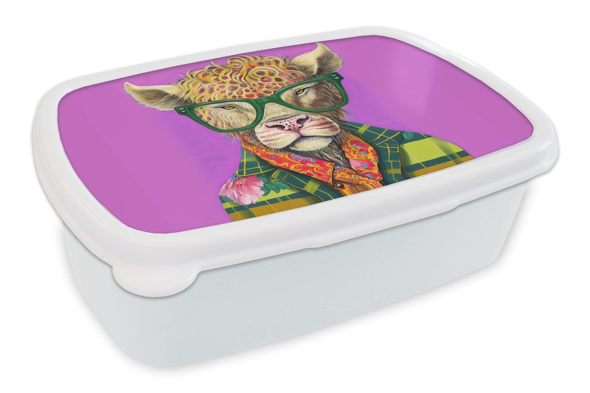 MuchoWow Lunchbox Brille - Tier - Schottischer Highlander - Blumen - Hippie, Kunststoff, (2-tlg), Brotbox für Kinder und Erwachsene, Brotdose, für Jungs und Mädchen weiß