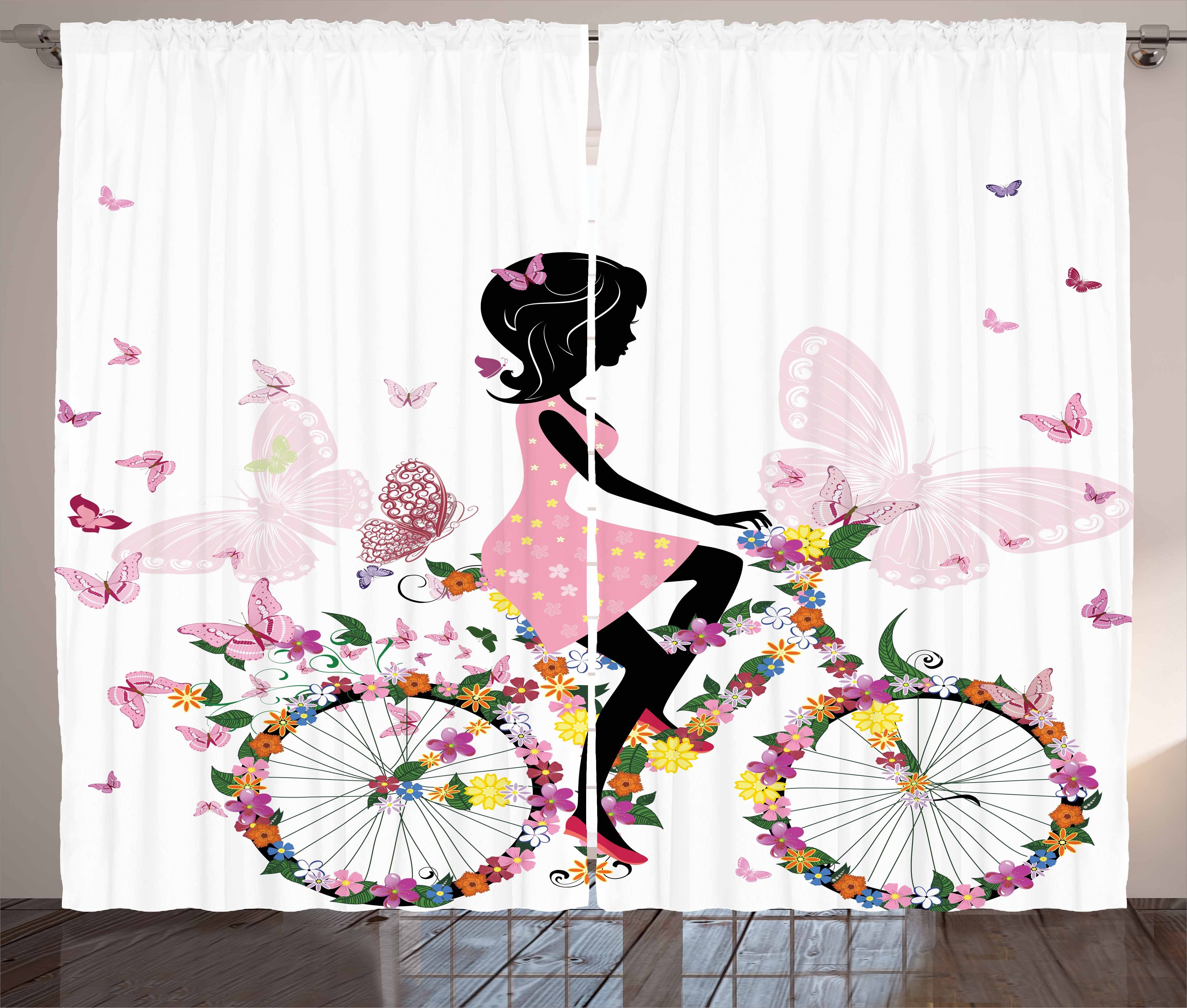 Gardine Schlafzimmer Kräuselband Vorhang mit Schlaufen und Haken, Abakuhaus, Fahrrad Mädchen Blumen Schmetterlinge