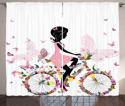 Gardine »Schlafzimmer Kräuselband Vorhang mit Schlaufen und Haken«, Abakuhaus, Fahrrad Mädchen Blumen Schmetterlinge