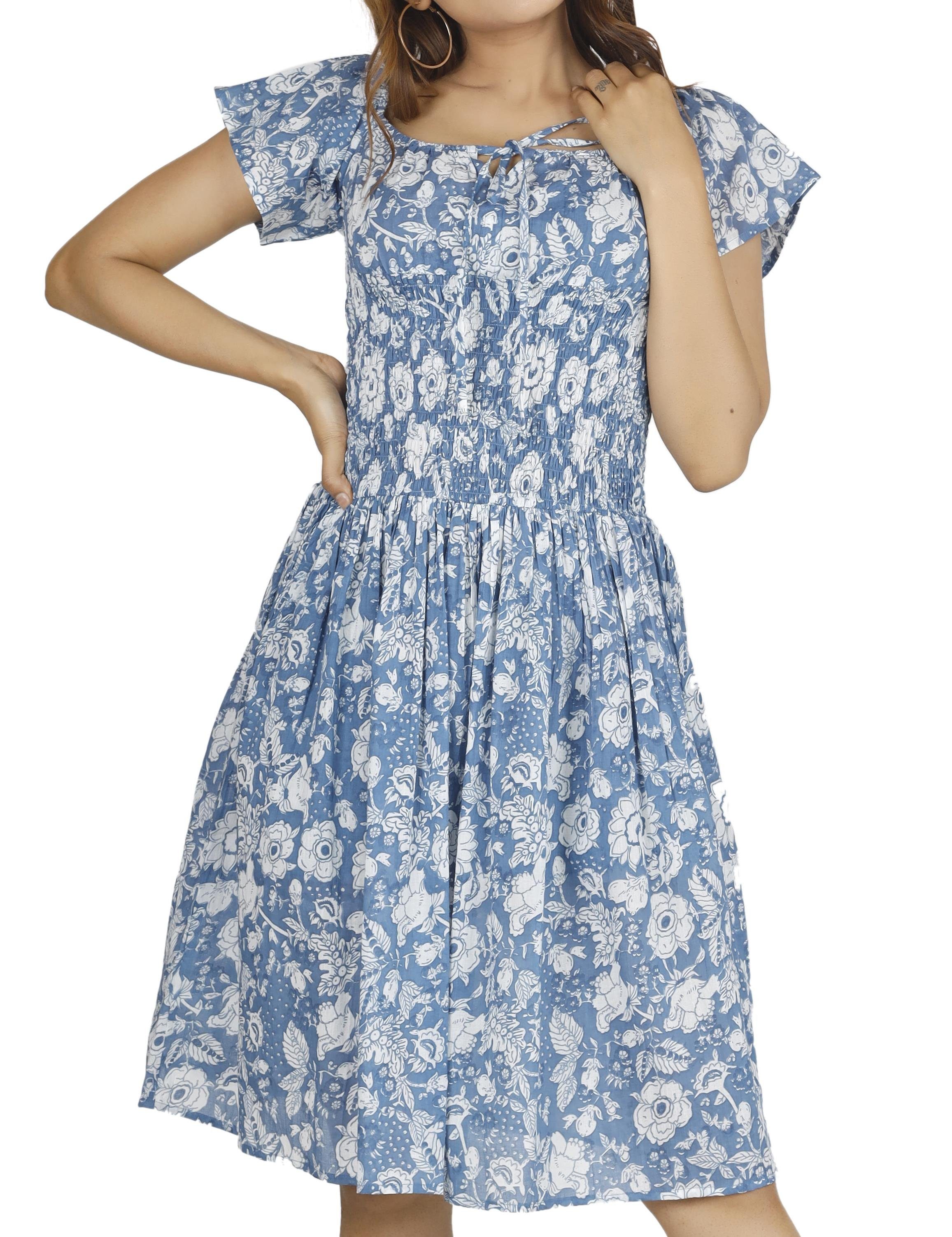 Boho Minikleid, blau handbedrucktes luftiges.. Midikleid Guru-Shop Bekleidung alternative