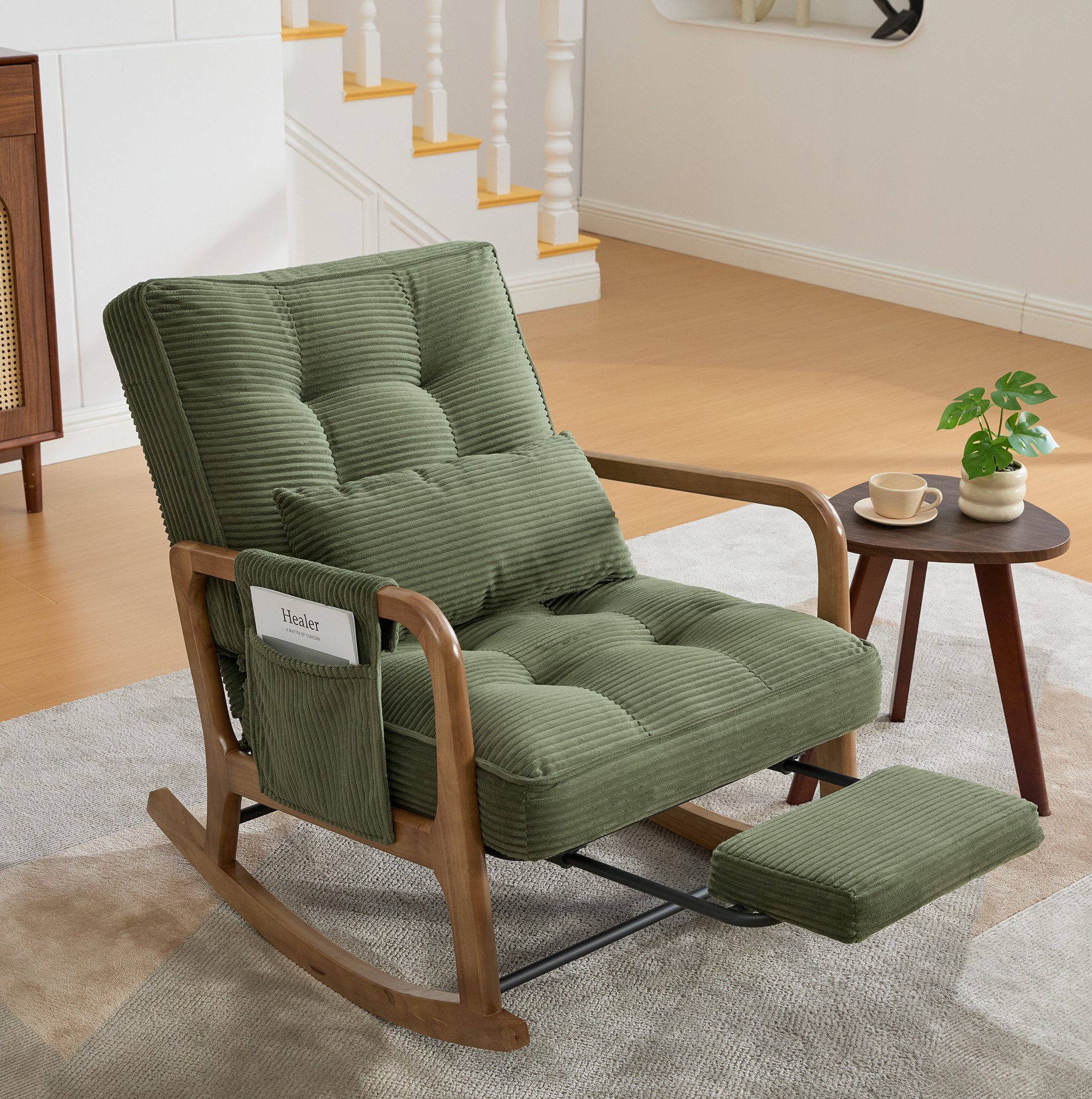MODFU Loungesessel Ergonomischer Freizeitstuhl aus Cord mit Fußstütze (verstellbarer Schaukelstuhl und Baby-Sessel mit Lendenkissen), Schaukelstuhl Polstersessel