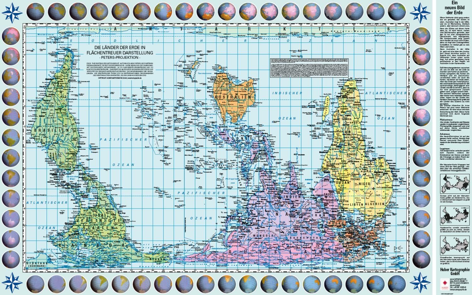 Poster Weltkarte Petersprojektion, Up-side down deutsch (ca. 82,5 x 52 / diverse