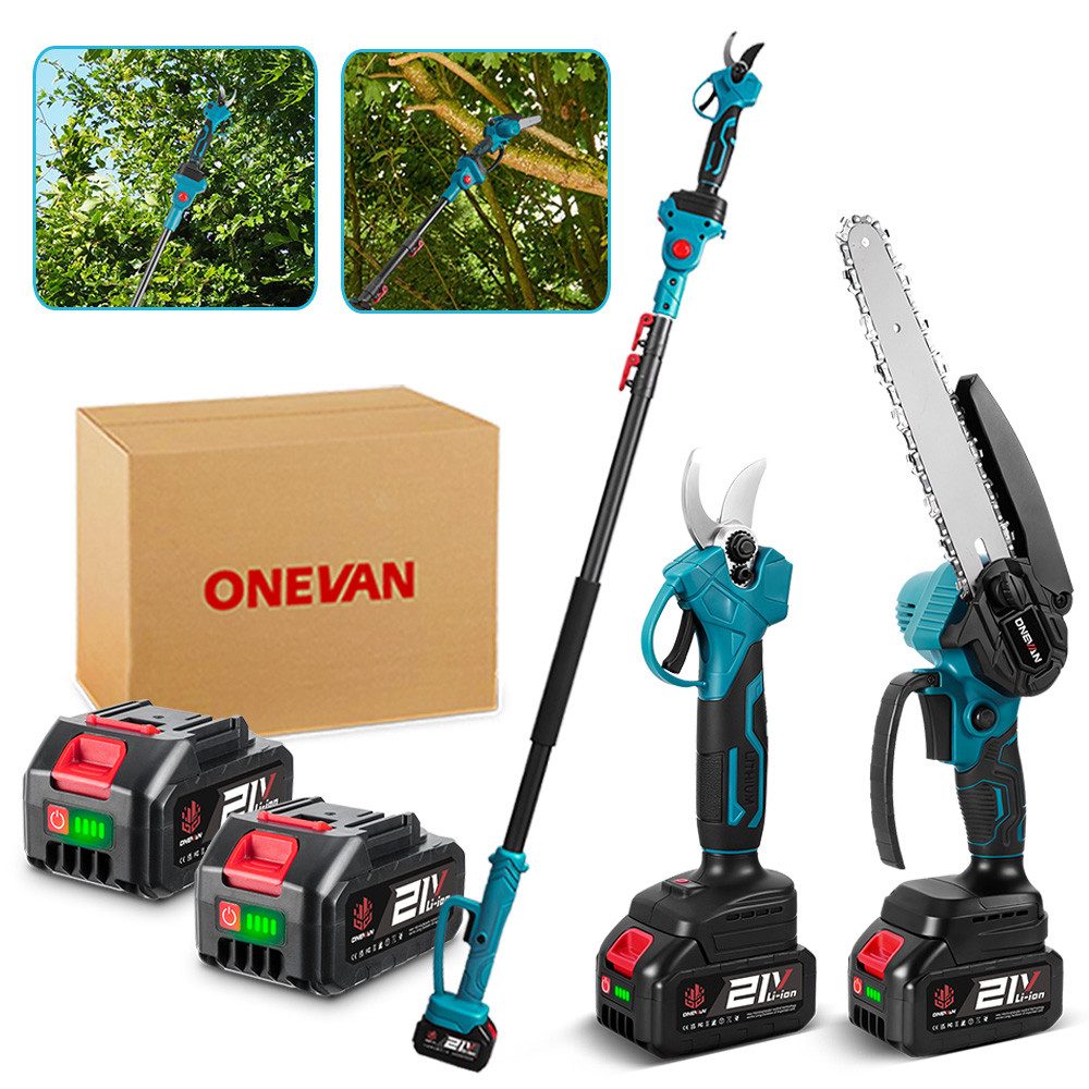 ONEVAN Akku-Hochentaster Astschere Satz 21V Bürstenloser Motor mit 2x Akkus, 2m Teleskopstange, bis 2 m Arbeitshöhe, 8 Zoll Teleskop Kettensäge Akku & 30mm Elektrisch Astschere