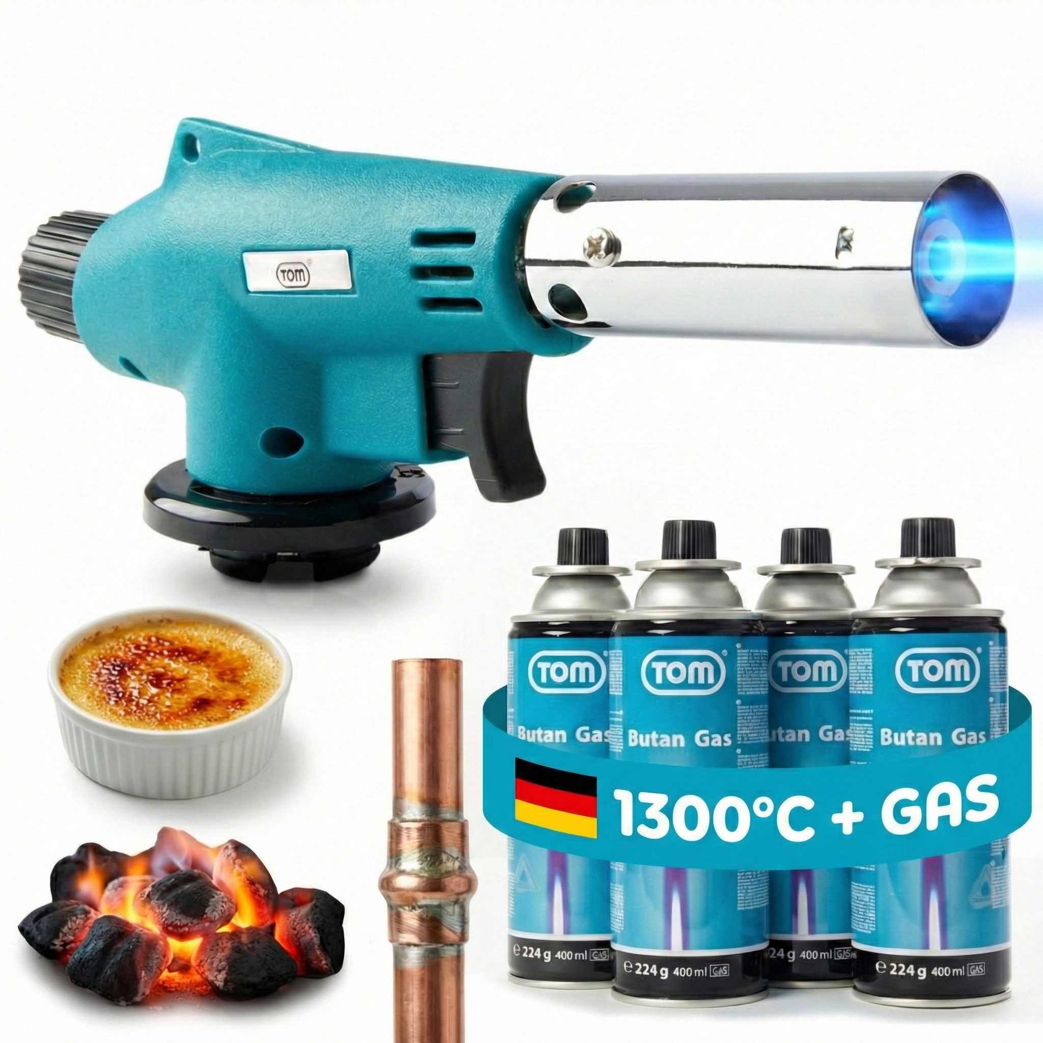 TOM Flambierbrenner Set optional mit 4x 224g Gaskartuschen, (5-tlg), 1300°C, Piezozündung, MSF-1A