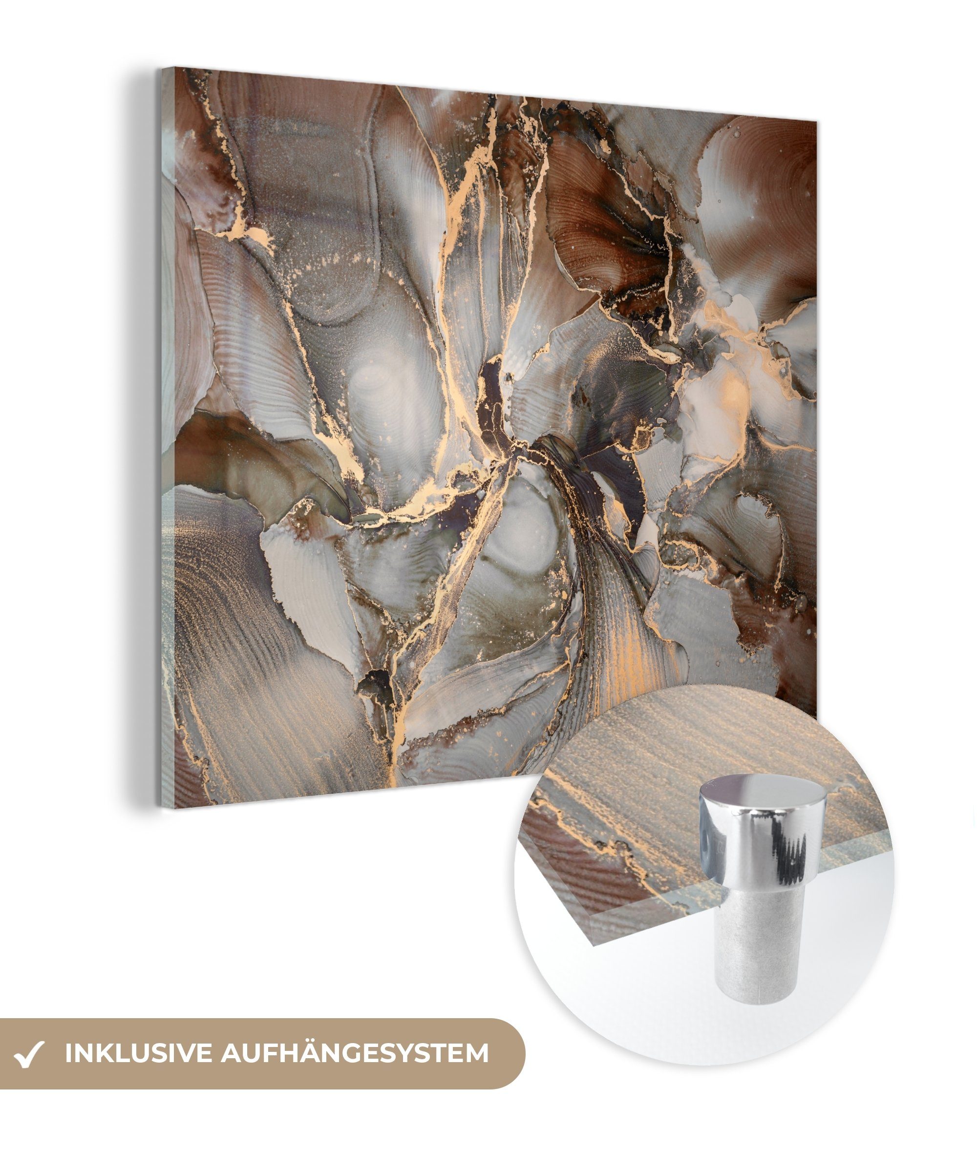 MuchoWow Marmor auf Glasbilder - Wandbild - Gold - auf St), Glas Glas - Foto Wanddekoration - Grau (1 Acrylglasbild Bilder - Marmoroptik,