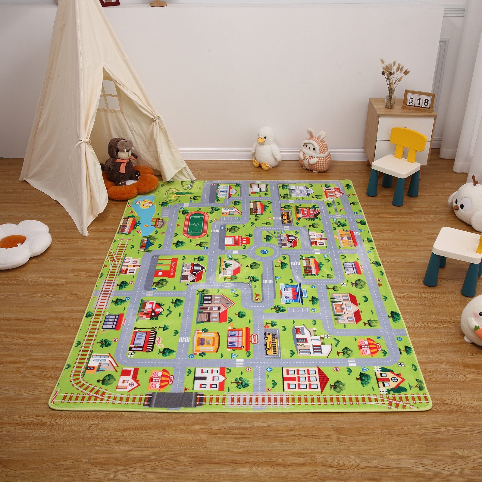 GarveeMore Teppich Rutschfester Kinderteppich Lernteppich Weicher Spielteppich mit Stadt, rechteckig, Für Kinderzimmer, Spielzimmer, Klassenzimmer & Babyzimmer