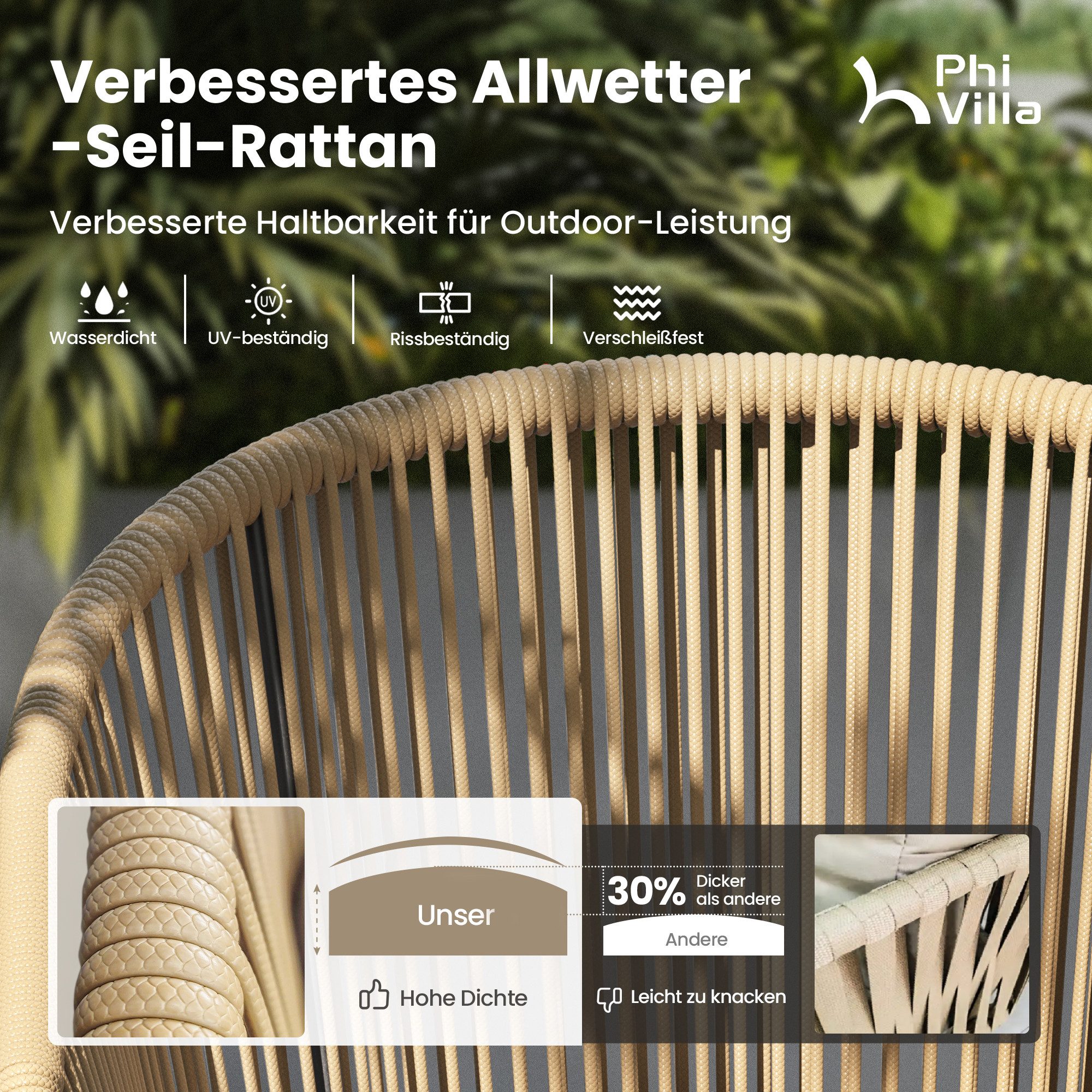 PHI VILLA Gartenstuhl (Rattansessel Gartensessel Balkonstuhl Outdoor Sessel), Gartenstuhl 4er Set für Hinterhof Balkon Terrasse, Beige