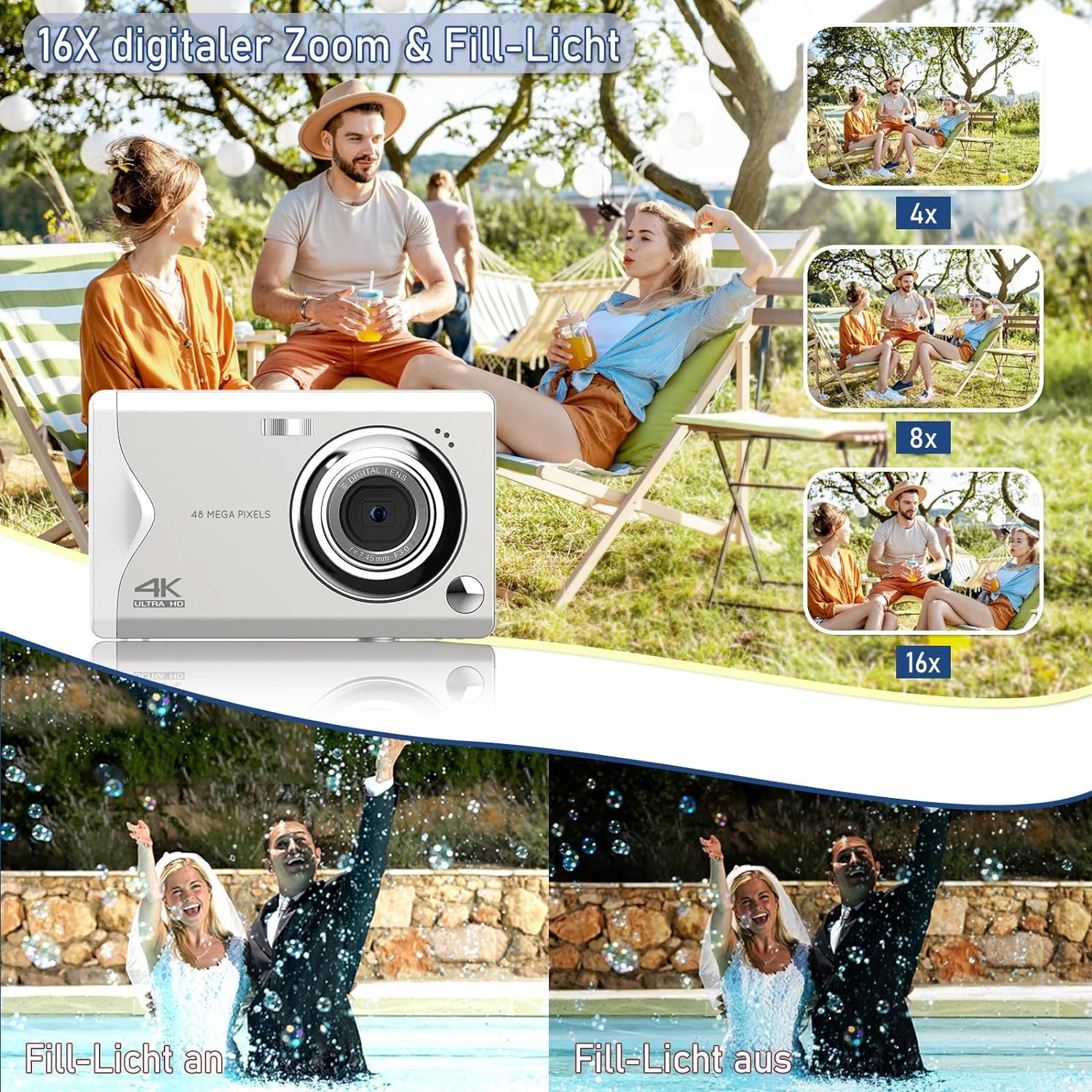 Fine Life Pro Kompaktkamera (48 MP, 16x Digitalzoom, Elektronischer Bildstabilisator, 4K HD 1080P Fotokam)