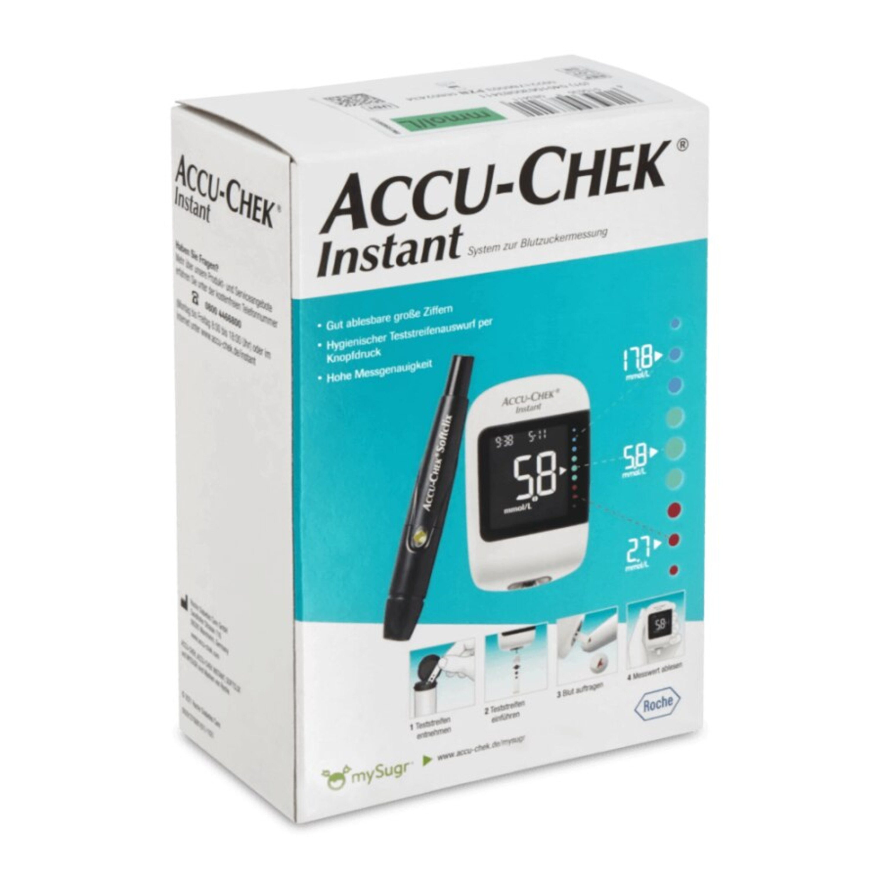 Roche Blutzuckermessgerät Accu-Chek Instant, inkl. Starterset, Hypo- und Hyperglykämie-Warnung, Diabetesüberwachung, intuitive Farbskala auf dem Display