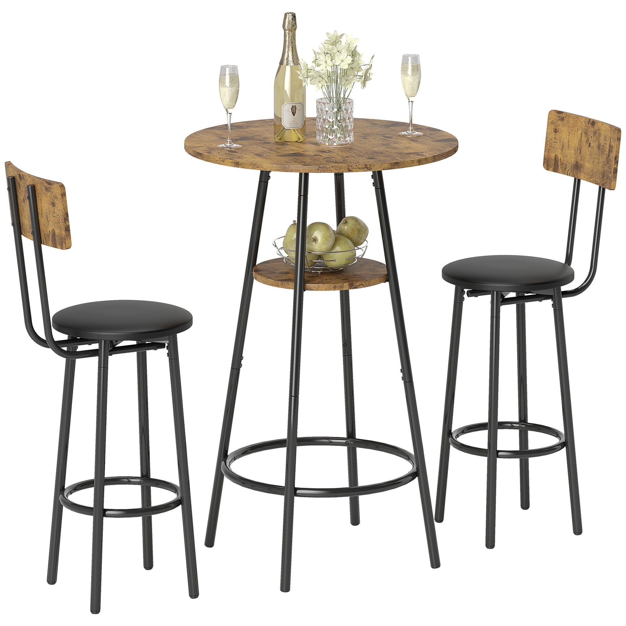 HOMCOM Bargruppe Industrial Bartisch Set Küchetisch mit Ablage, Kleine Raum, (Bartisch mit Barhocker Set, 3-tlg., Esstisch mit 2 Stühlen), Platzsparendes Design, Rustikal-Braun