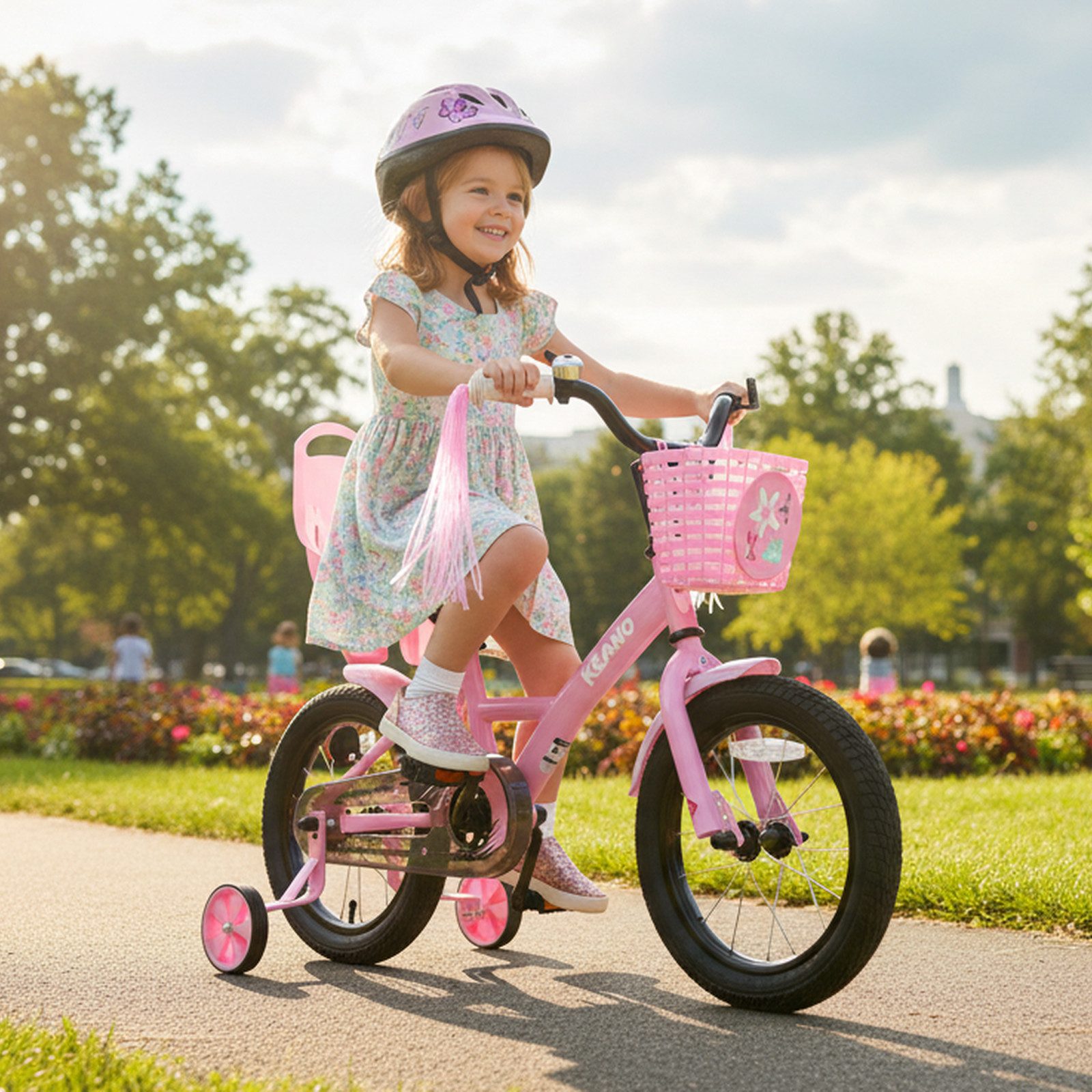 JOYSTAR Kinderfahrrad Mädchenfahrrad 14/16/18/20 Zoll mit Hochkarbonstahlrahmen, mit Puppensitz und Korb,Stützräder, Luftschlangen, Schutzblechen – Bild 5 von 5