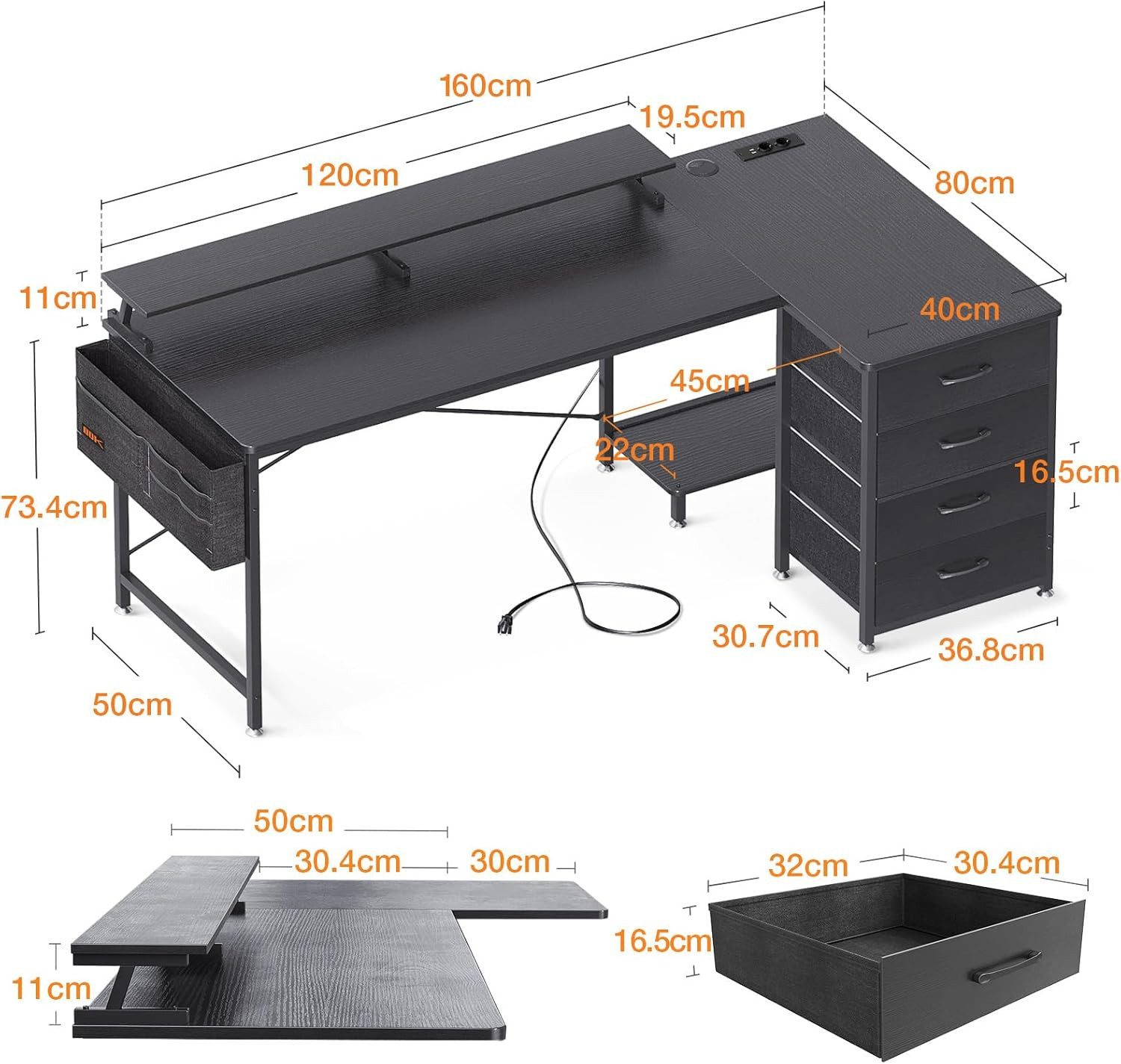 ODK Eckschreibtisch L-Form mit 4 Schubladen, 2 USB Ladeanschlüssen & 2 Steckdosen