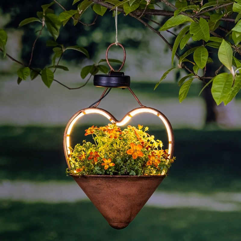 Spetebo Blumentopf Solar Blumenampel beleuchtet Rost Optik - HERZ (einteilig, 1 St., Pflanzschale mit Solar Licht), Rostoptik Blumentopf Hängeleuchte