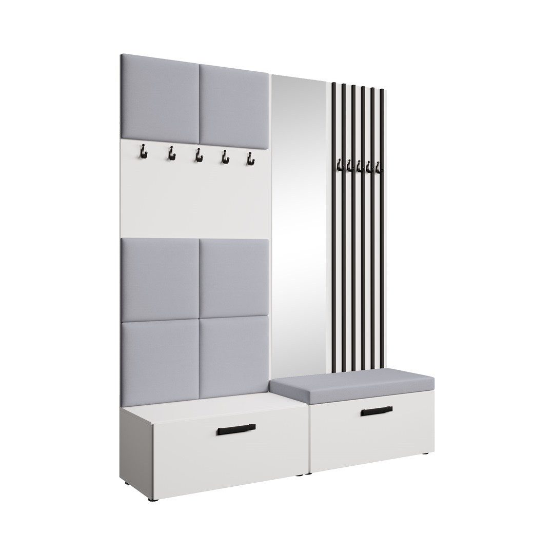 Beautysofa Garderobenschrank mit gepolsterten Paneelen und dekorativen Lamellen MARGARET I+II (Elegante Kleiderbügel) Zwei abschließbare Schuhschränke