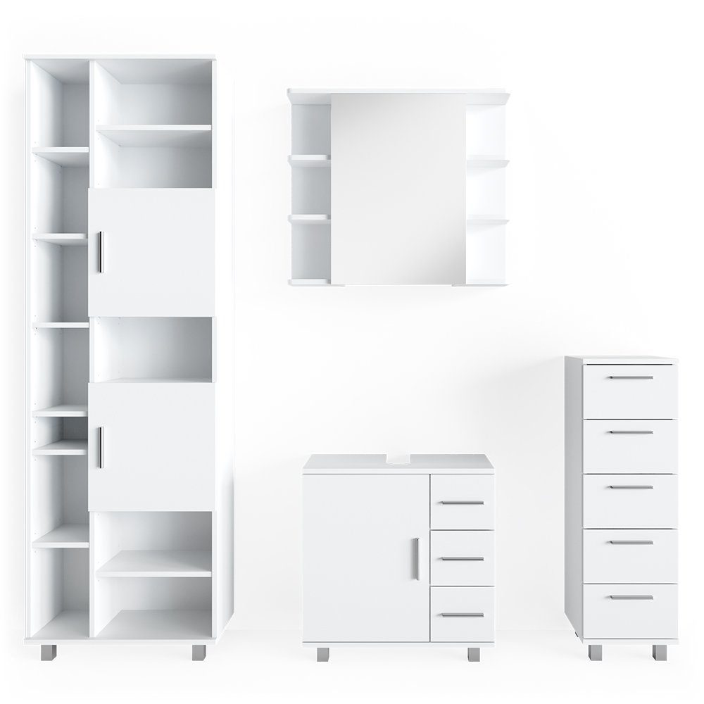 Vicco Badmöbel-Set Ilias, Weiß, 4 Teile, mit Hochschrank, (Badezimmerset, 4-St., 4er Set)