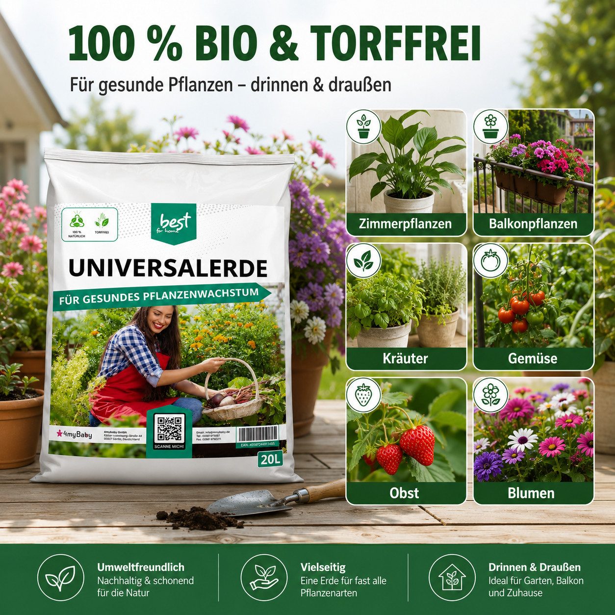Best for Home Bio-Erde Bio-Blumenerde – Torffrei, für Zimmer- & Balkonpflanzen Universalerde, mit Organische Pflanzerde, (Einzelartikel, 1-St., 20L / 50L Sack), Bio und torffrei, ideal für Blumenbeete und Kübel
