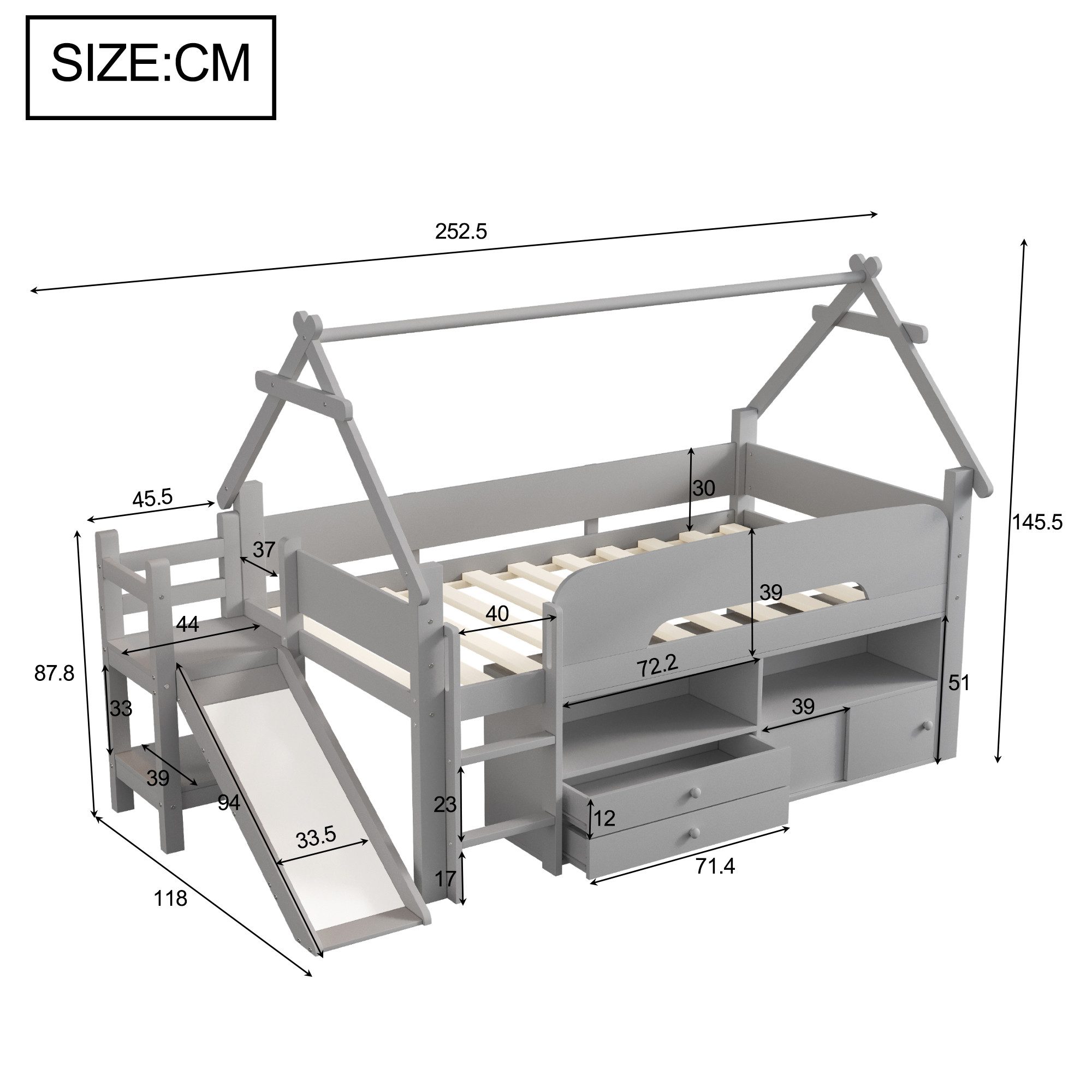 Flieks Kinderbett, Hausbett Hochbett Einzelbett 90x200cm mit Rutsche und vielem Stauraum. Reduzierter Preis € 425,99. Unverbindliche Preisempfehlung € 669,99