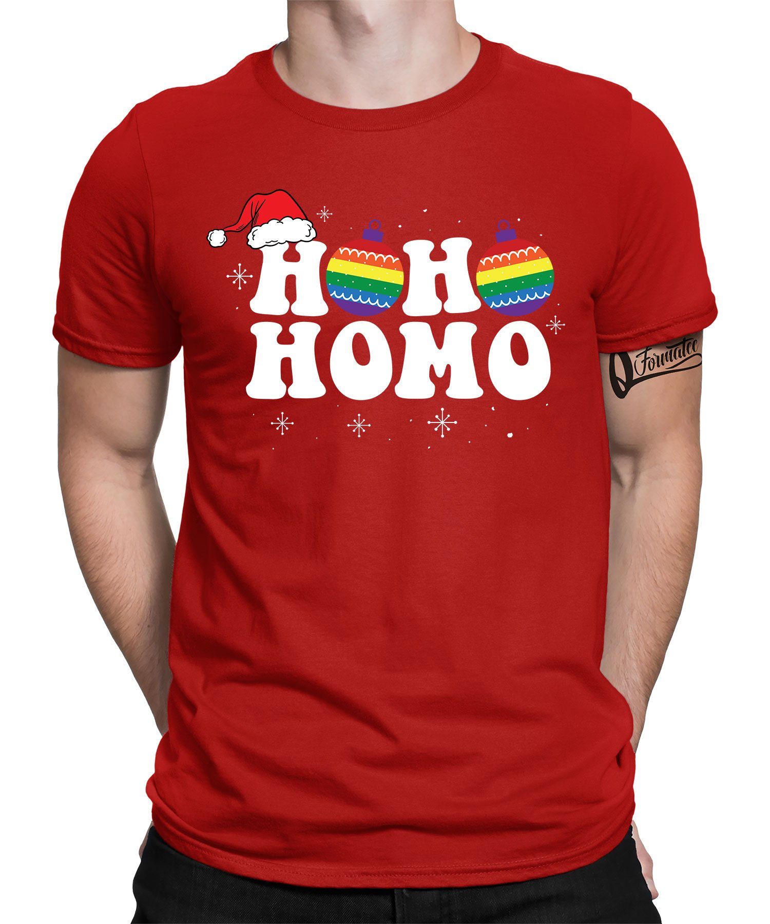 Quattro Formatee Kurzarmshirt LGBT Gay Regenbogen Ho Ho Homo Christmas - Weihnachten X-mas Weihnacht (1-tlg) Rot