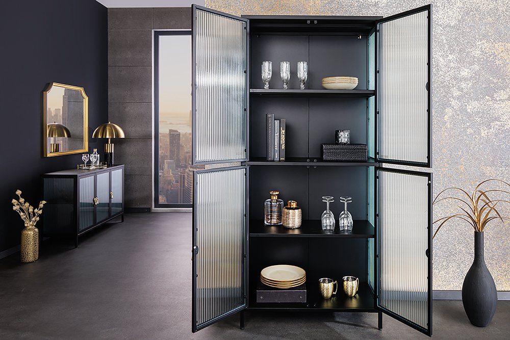 riess-ambiente Vitrine AMSTERDAM 180cm schwarz/gold - Metall, Riffelglas, 4 Türen & 4 Fächer (Einzelartikel, 1-St) mit verstellbaren Böden & Stauraum – ideal für Wohnzimmer & Esszimmer