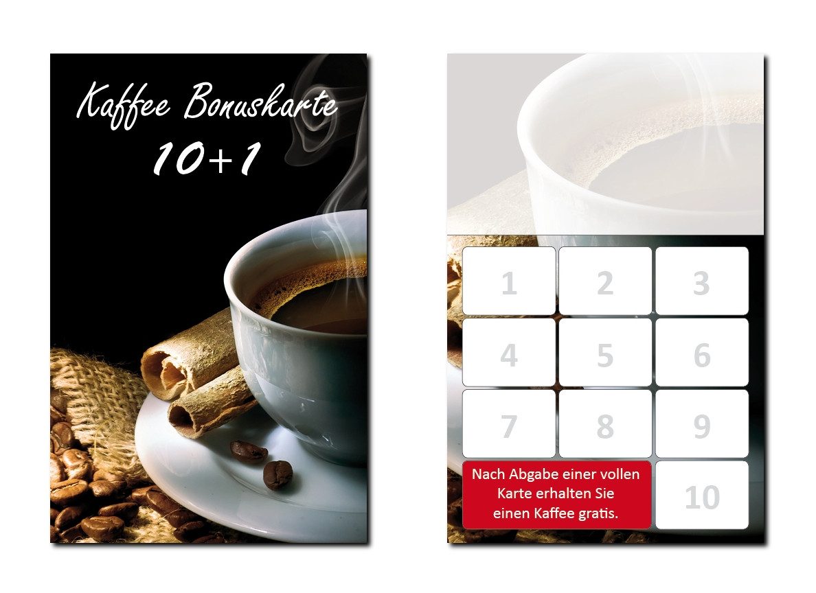 LYSCO Visitenkarten Bonuskarte Gastronomie Kaffee Café Bohnenkaffee Röstung Coffee Getränk, Treuekarten, Rabattkarte, Genuss, 10 Stempelfeldern + Firmenstempel