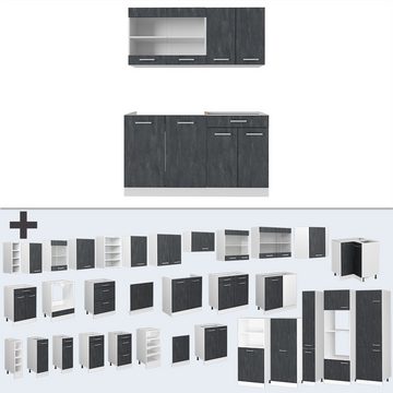 Livinity® Küchenzeile R-Line, Schwarz Beton/Weiß, 140 cm AP Eiche