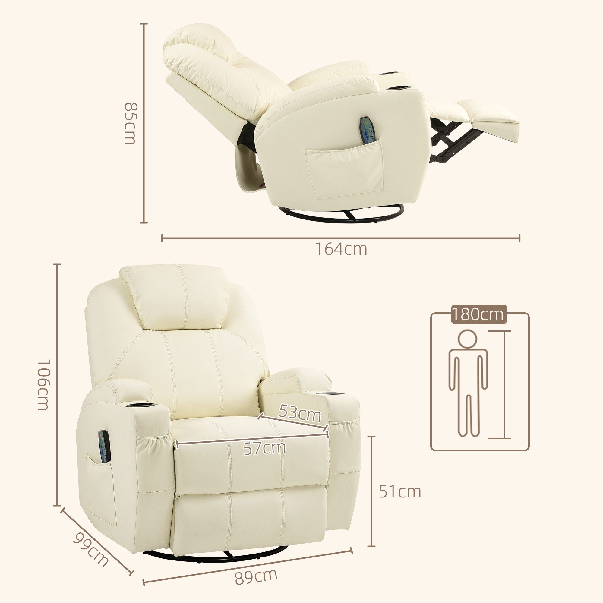 HOMCOM Massagesessel mit Fernbedienung, Drehbarer Fernsehsessel mit Liegefunktion (Ruhesessel, 1-St., Relaxsessel), für Wohnzimmer, Cremeweiß