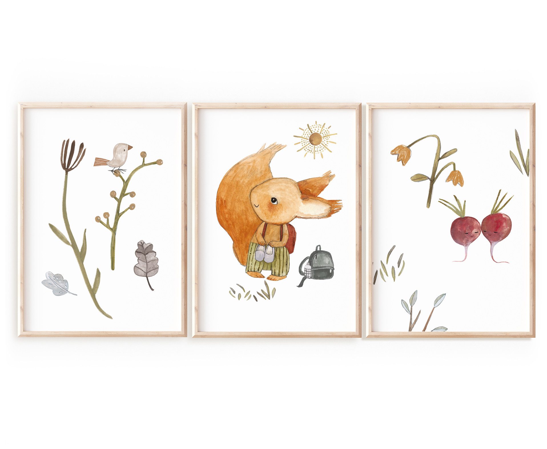 Pipapier Poster Set "Eichhörnchen und Blumen", Kinderzimmerposter mit Tieren, Natur und Gemüse