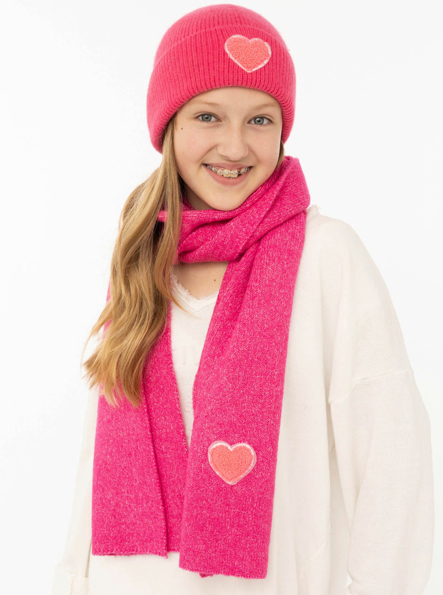 Zwillingsherz Beanie "Heart Patch"-KIDS Pinkes Herz-Patch, breiter Umschlag, gerippt, mit Wollanteil